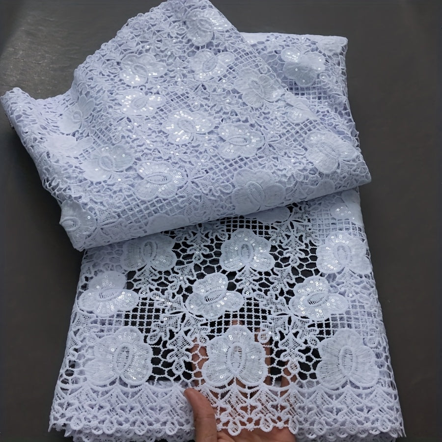 1pc 5 Yards White Guipure Cord Lace Fabric with Sequins - 100% Polyester French Water Soluble Lace, Floral Pattern Precut Fabric for Elegant Women's Dresses, Hand Wash Only, Wedding Attire | Sophisticated Style | Texture