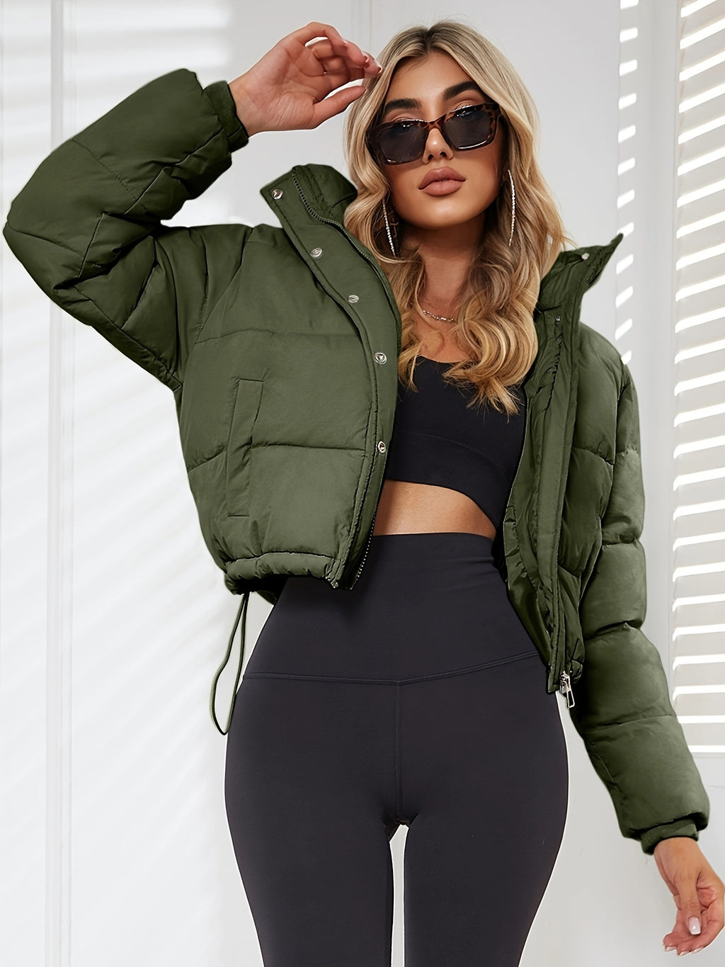 Women's Casual Short Puffer Jacket - Black Solid Hooded Design, Polyester Smooth Fabric, 70g/m² Lining, Long Sleeve with Drawstring | Winter Warmth | Comfortable Fit