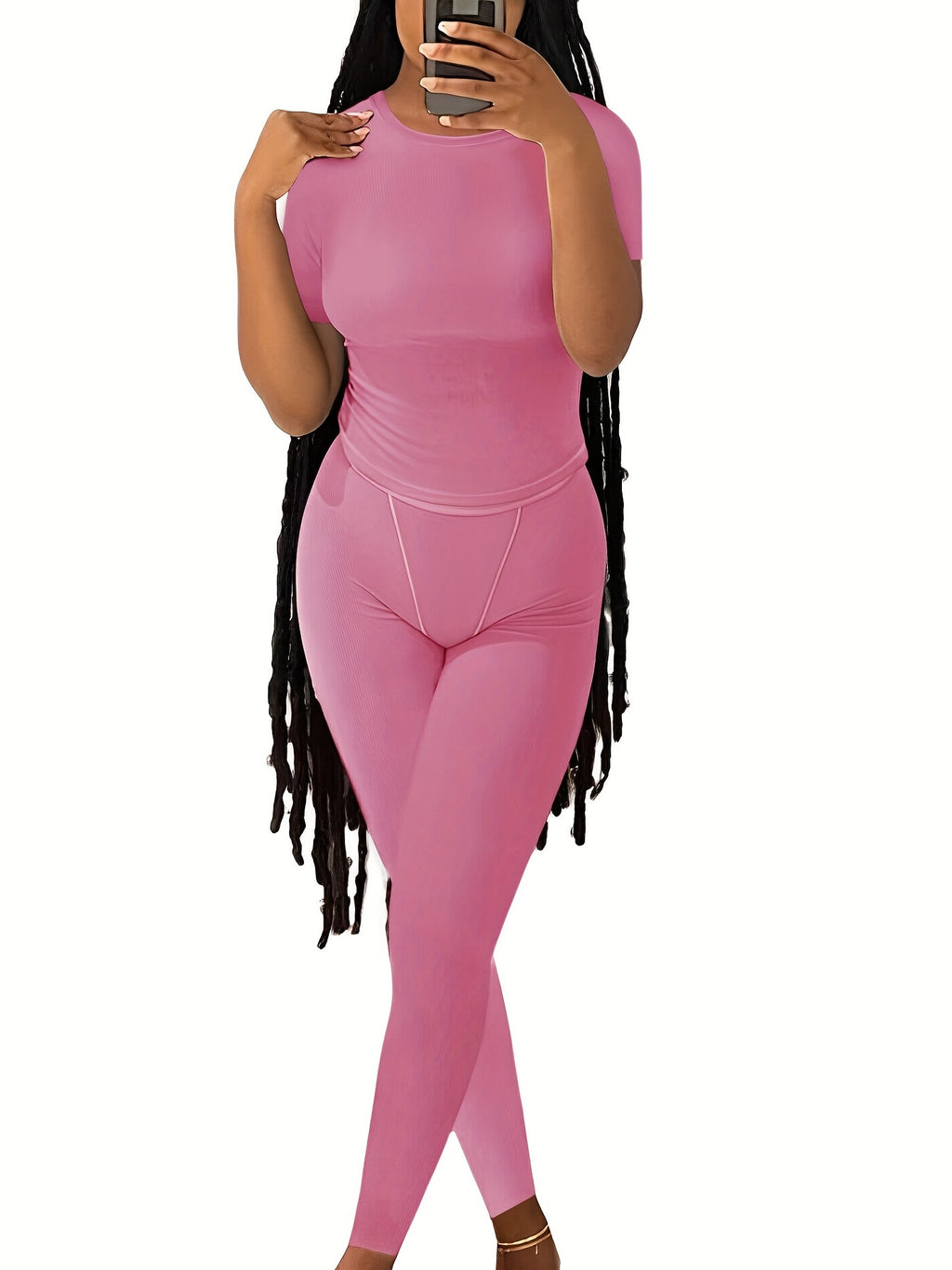 Casual Solid Two-piece Set, Crew Neck Short Sleeve Top & Skinny Pants Outfits, Women's Clothing