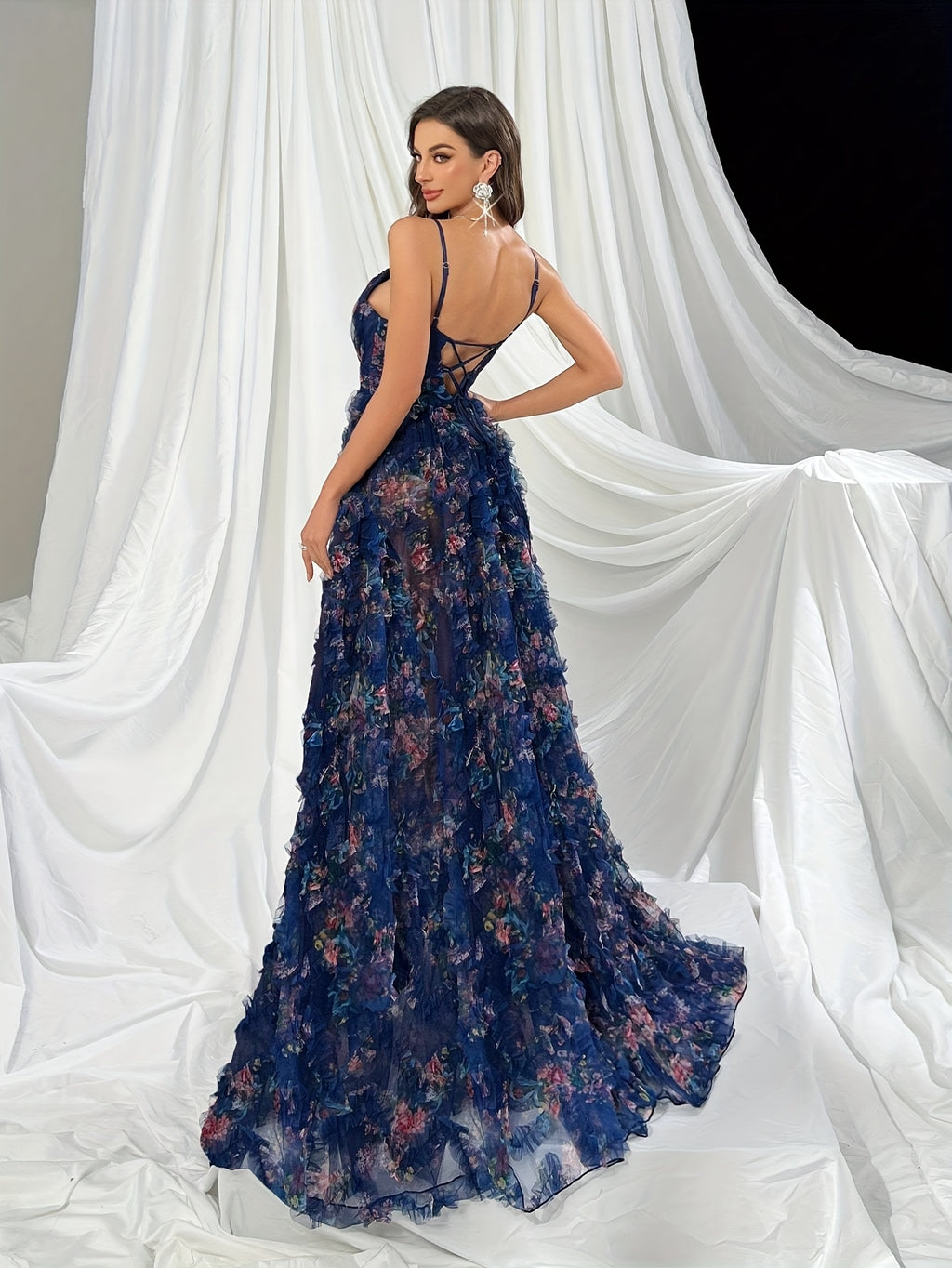 Summer Chic] Elegant Women's Floral Print Ruffled Mesh Evening Gown with Side Slit Hem, Sleeveless Maxi Dress for Summer Parties & Formal Events, Deep Blue with Vibrant Floral Print Patterns, A-Line Silhouette, Polyester Fabr