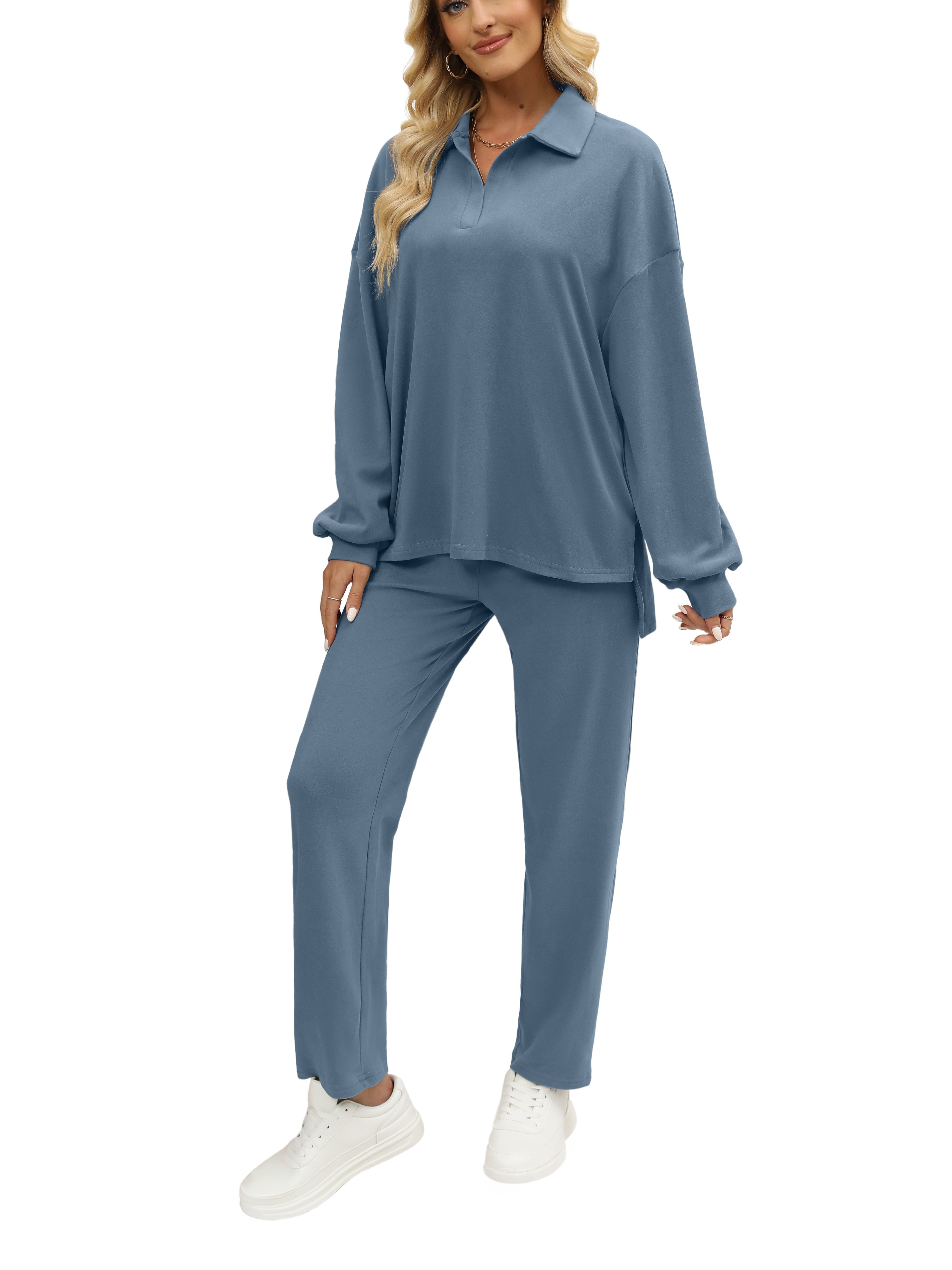 Two Pieces Outfits For Women Oversized Side Slit Sweatshirts&Comfortable Long Pants Sweatsuits