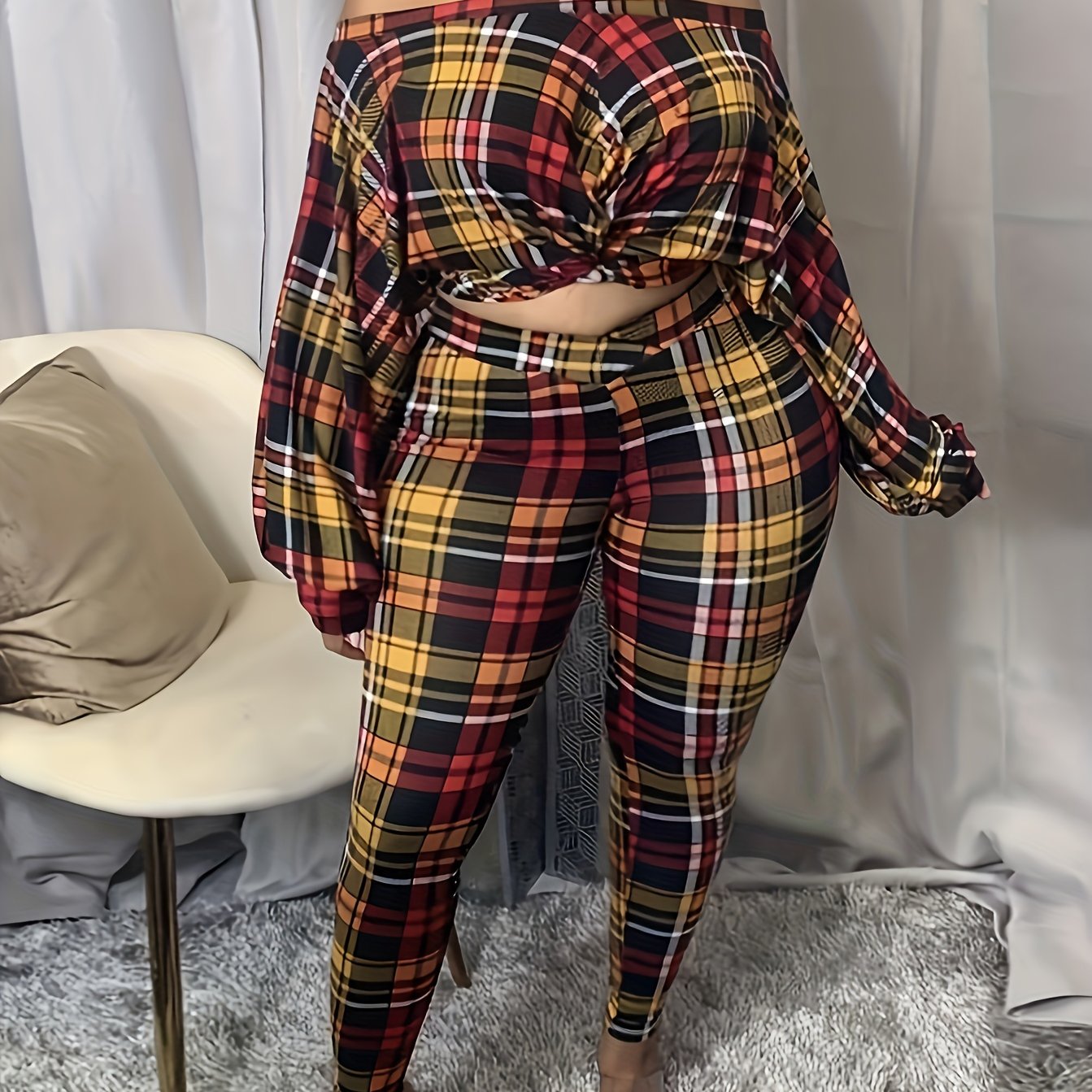 Plus Size Sexy Outfits Set, Women's Plus Plaid Print Twist Front Off Shoulder Long Sleeve Crop Top & Leggings Outfits Two Piece Set