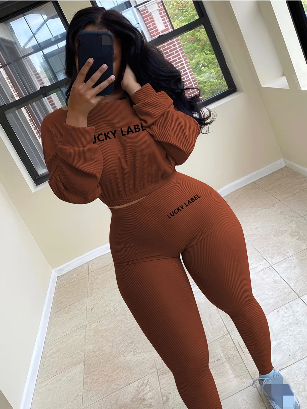 [Women's Sweatshirt Set] Letter Embroidery Women's Two Piece Ribbed s Fall Spring Long Sleeve Sweatshirt and Skinny Pants Set