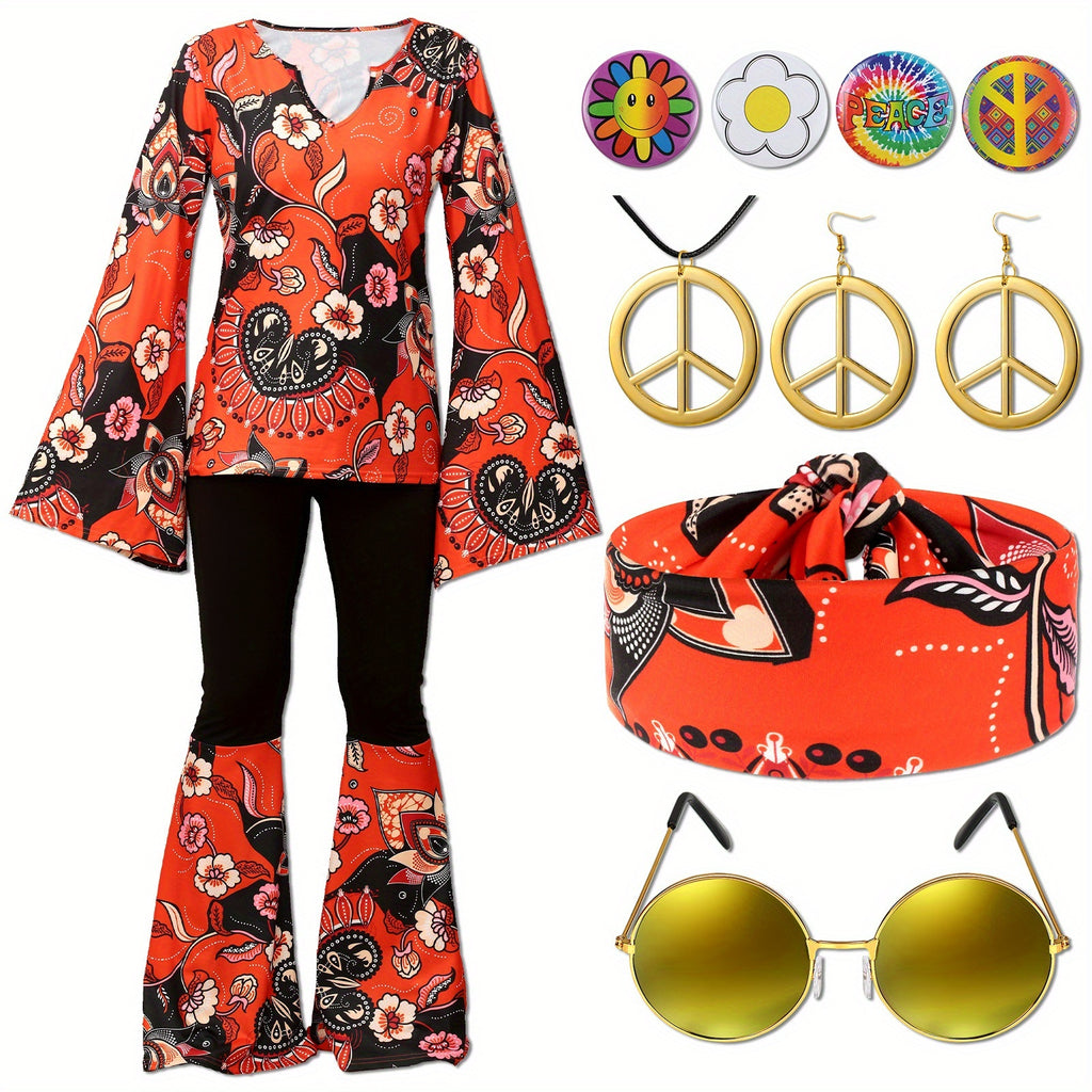 17pcs 60s 70s Outfits for Women Hippie Costume Set Disco Outfit (Retro StyleXX-Large) for party favors