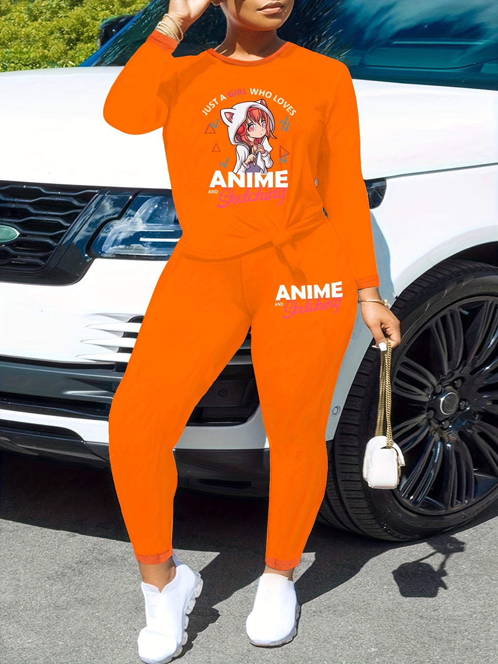 Two-Piece Anime Graphic Print Outfit - Crew Neck Long Sleeve Top and Slim Fit Pants Set for Women - Polyester Knit Fabric, Mid Elasticity, Positioning Printing, Cute Style, Fall/Winter Season
