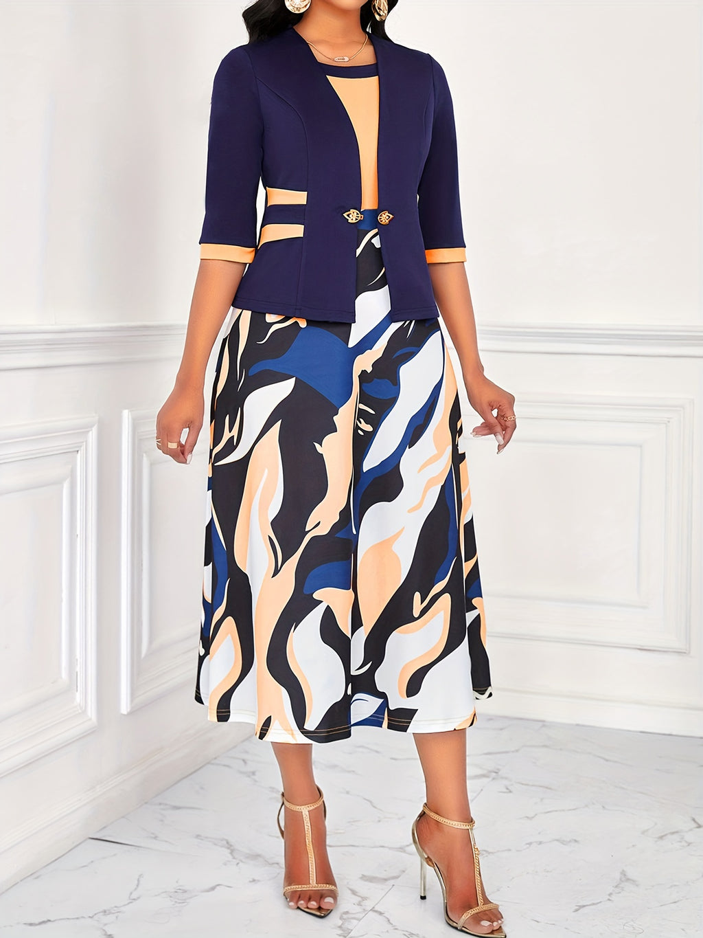 Three-quarter Sleeve Open Front Top & Sleeveless A-line Tank Dress Set, Chic Abstract Print, Elegant Crew Neck Outfits for Women, Perfect for Casual to Dressy Occasions