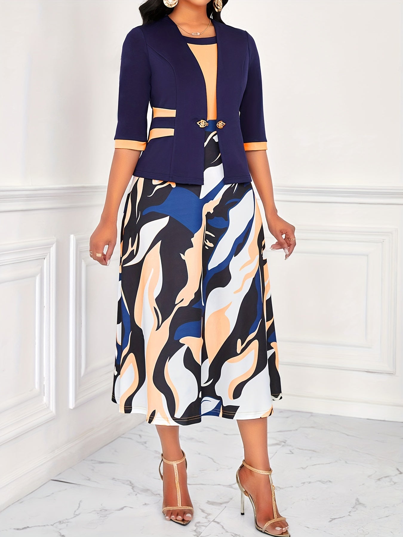 Three-quarter Sleeve Open Front Top & Sleeveless A-line Tank Dress Set, Chic Abstract Print, Elegant Crew Neck Outfits for Women, Perfect for Casual to Dressy Occasions