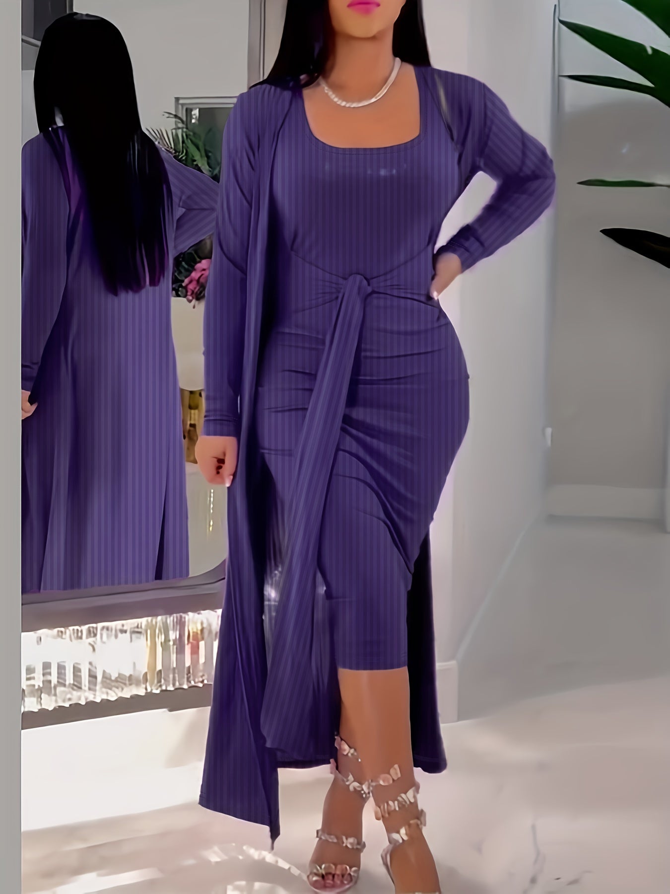 Two-piece Casual Solid Dress Set, Open Front Cardigan & Tie-waist Tank Dress Outfits for Women