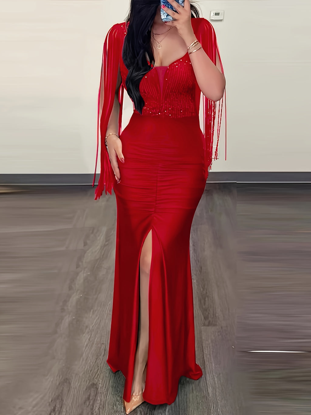 Stunning Solid Tassel Trim Bodycon Dress - Women's Party Dresses with Elegant Cut Out Back Split Thigh Design, Figure-Hugging Silhouette, and Chic Accessories for a Glamorous Night Out
