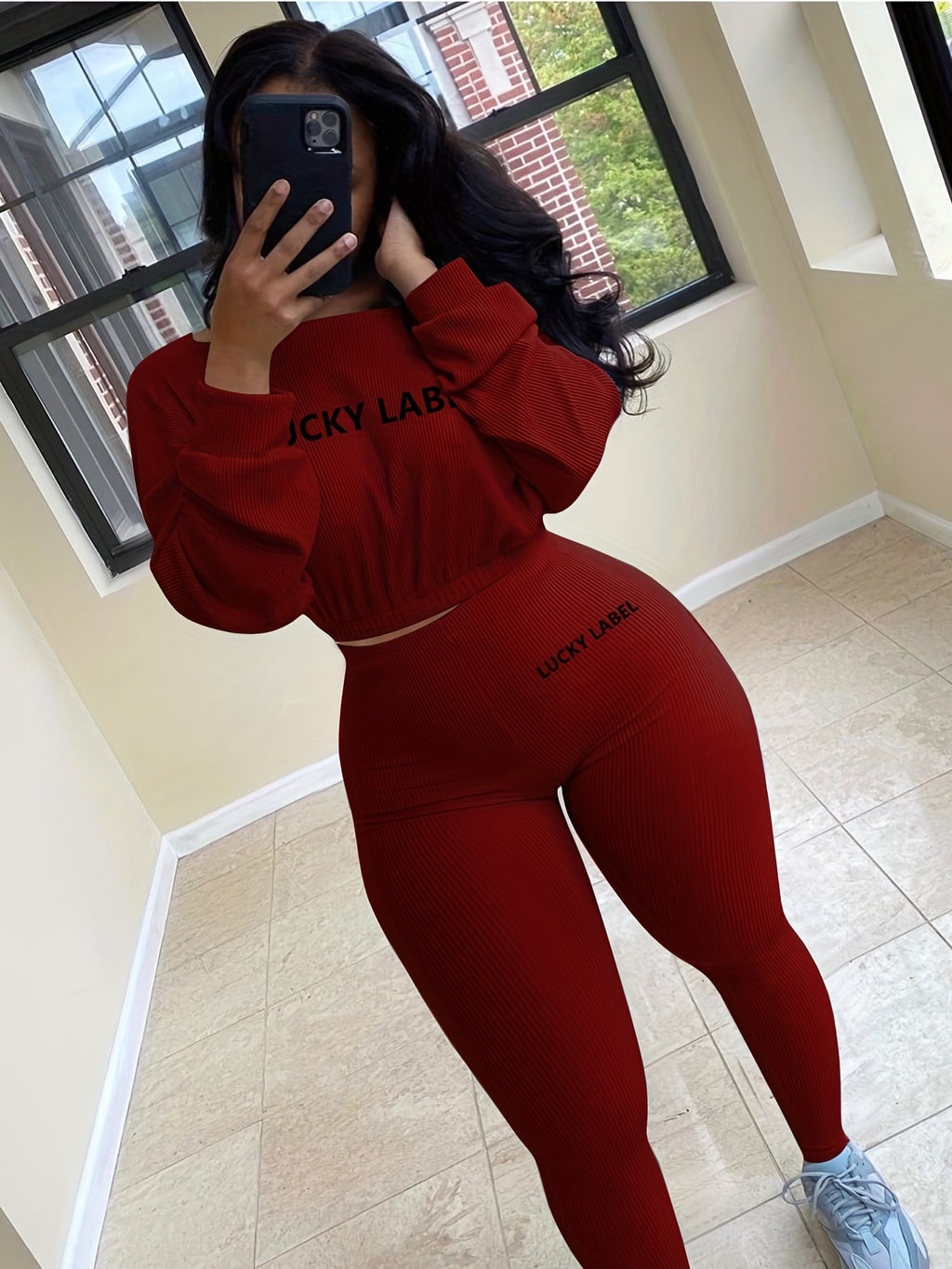 [Women's Sweatshirt Set] Letter Embroidery Women's Two Piece Ribbed s Fall Spring Long Sleeve Sweatshirt and Skinny Pants Set