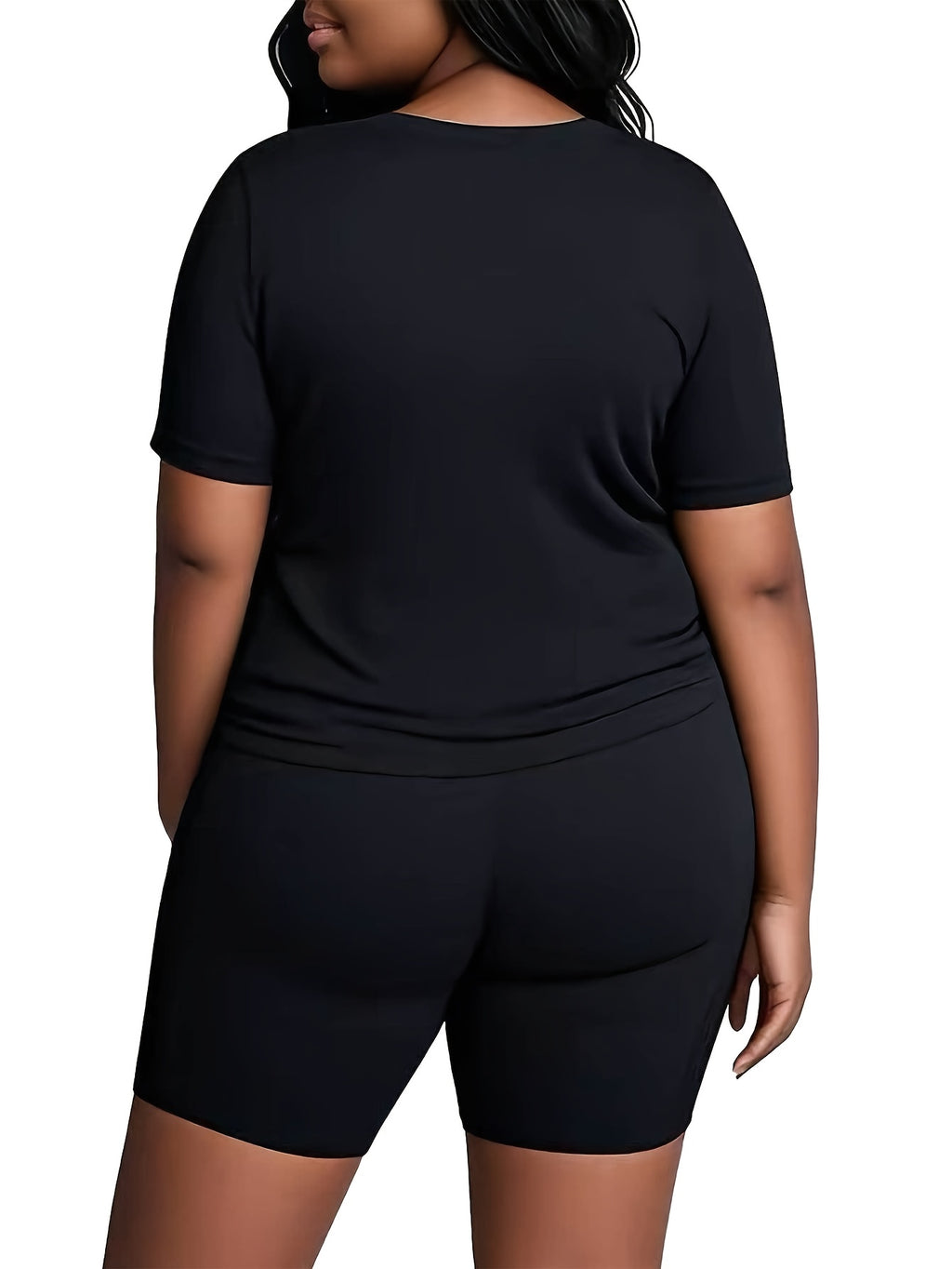2pcss Plus Size Women'S Round Neck T-Shirt & Shorts Set, Mother'S Day Stretchy Fit, Plus Size 2pcs Outfits For Women, Summer Lounge Sets For Women, Comfy Beach Vacation Clothes For Women, Two Piece Sets For Women, Plus Size W