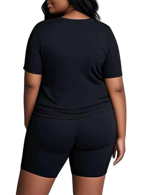2pcss Plus Size Women'S Round Neck T-Shirt & Shorts Set, Mother'S Day Stretchy Fit, Plus Size 2pcs Outfits For Women, Summer Lounge Sets For Women, Comfy Beach Vacation Clothes For Women, Two Piece Sets For Women, Plus Size W