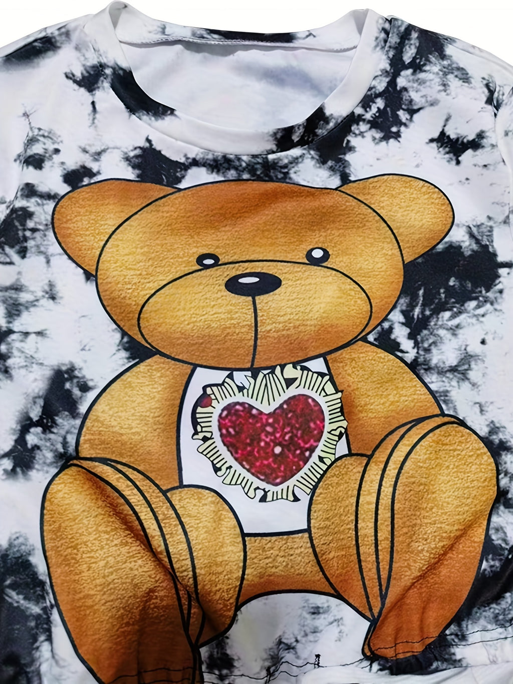 Cartoon Bear Print Two-piece Set, Drawstring Short Sleeve Tee & Elastic Waist Shorts Outfits, Women's Clothing