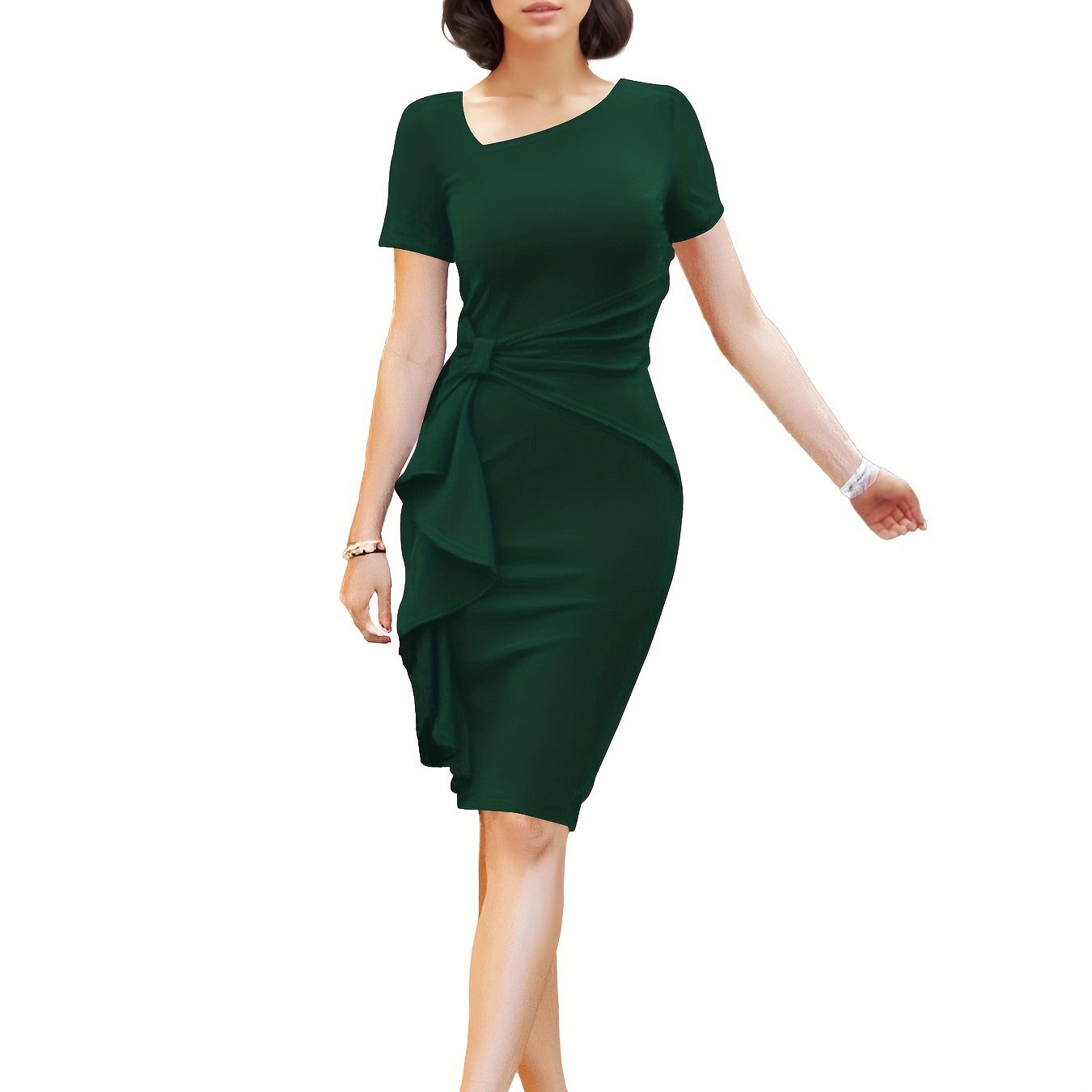 Women's Stretchy Bodycon Dress - Elegant Ruched Detailing & Asymmetrical Hem, Machine Washable Solid Color Party & Casual Dress for Spring Summer Fall, Casual Summer Dresses, Seasonal Fashion, Highelasticity Fabric