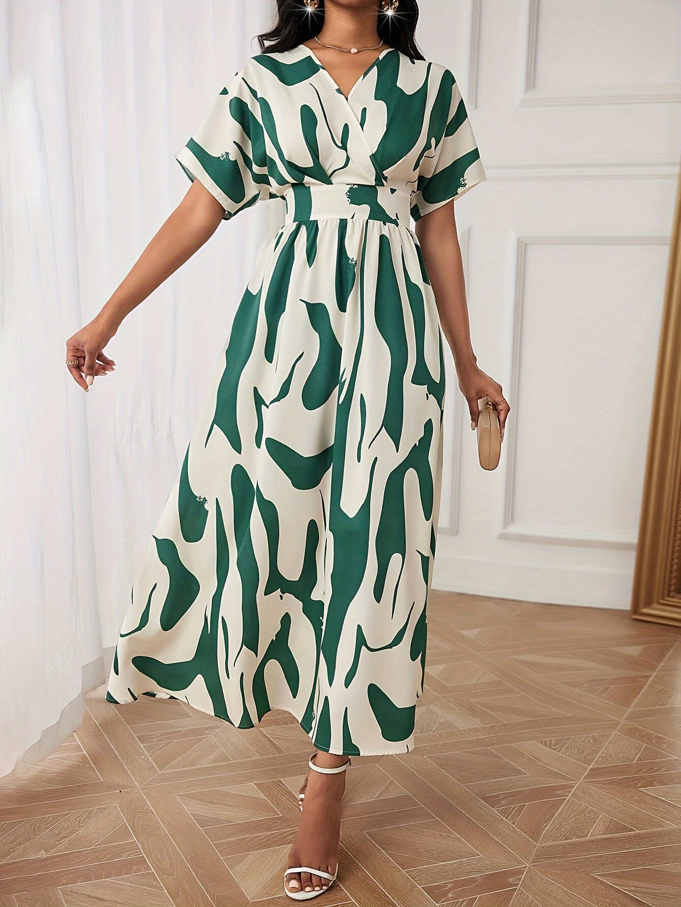 Vibrant Colorblock A-line Dress - Elegant Women's Spring & Summer Dresses with Cinched Waist, V Neck, Short Sleeves, and Flared Hem - Perfect for Outdoor Activities and Casual Events