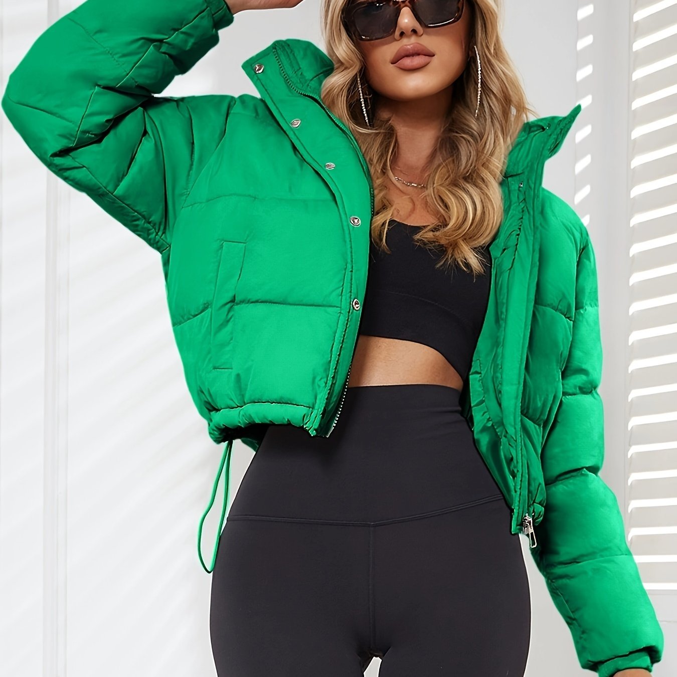 Women's Casual Short Puffer Jacket - Black Solid Hooded Design, Polyester Smooth Fabric, 70g/m² Lining, Long Sleeve with Drawstring | Winter Warmth | Comfortable Fit