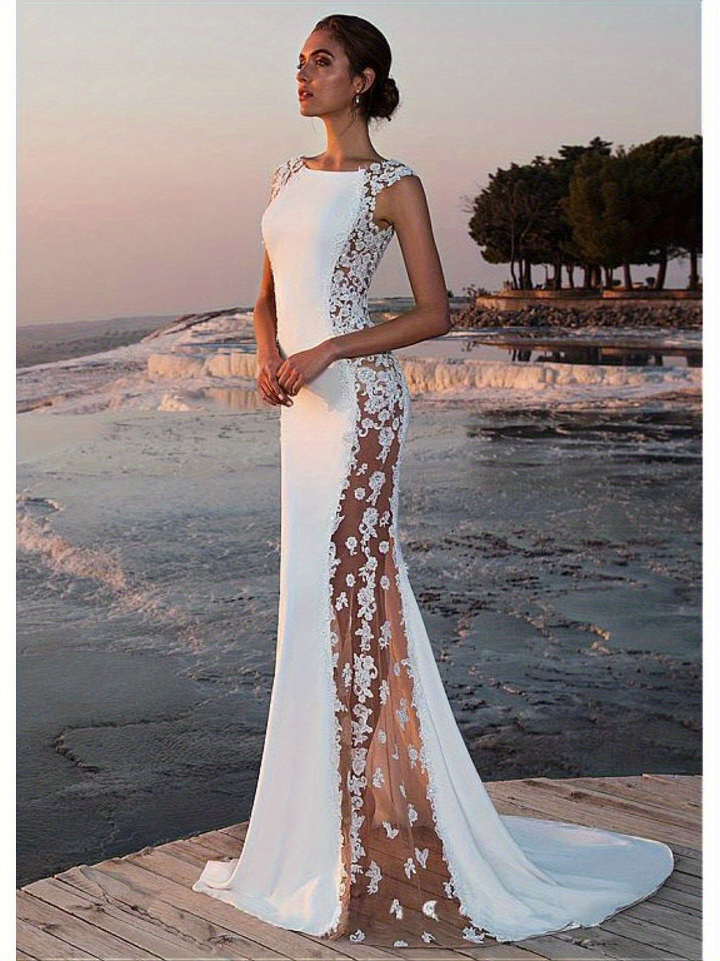Elegant Women'S Evening Lace Splicing Hollow Extra Long Dresses Sleeveless Waisted Hip Trailing Wedding Evening Dating Vacation Essential Out Fantastic Women'S Dresses