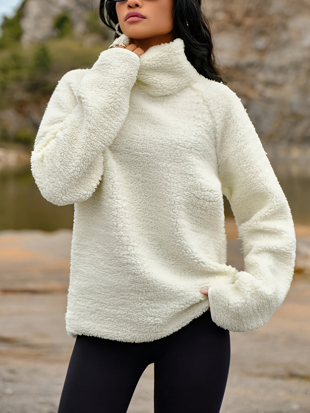 Women's Plush Winter Hoodie - Elegant High-Neck Sweater Jacket, Soft Warm Long Sleeve Pullover Coat, Machine Washable White Sweater for Fall & Winter, Casual to Formal Wear (No Bulk Collar), Winter Clothes For Women, Sweaters