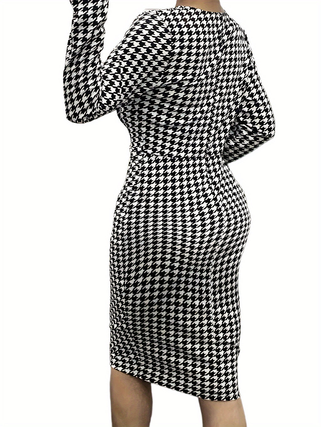 Stunning Plus Size Houndstooth Print Bodycon Dress - Plus Size Dresses - Long Sleeve, V Neck, Elegant, Women's Formal Wear for Special Occasions - High-Quality Fabric, Comfortable Fit, Classic Design