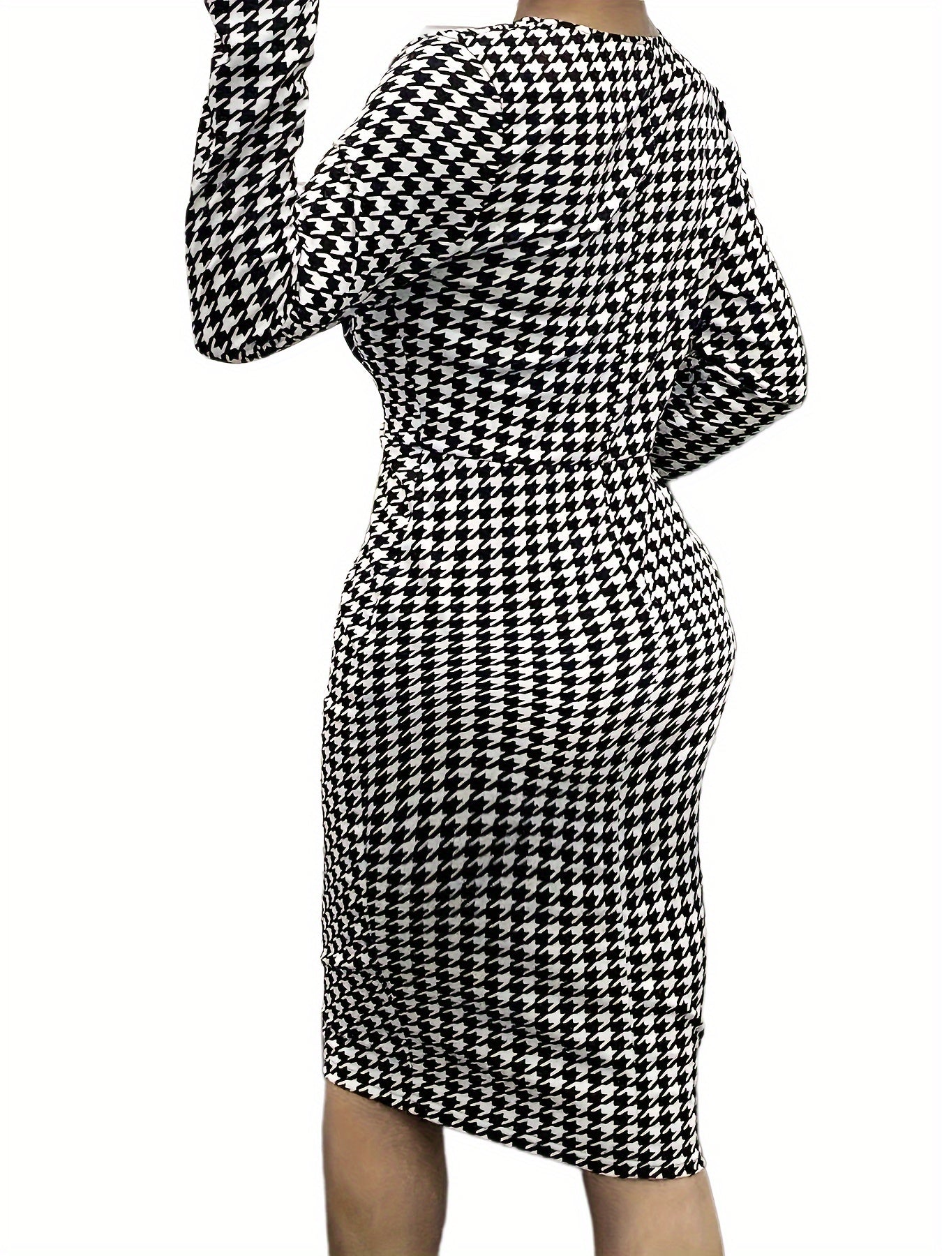 Stunning Plus Size Houndstooth Print Bodycon Dress - Plus Size Dresses - Long Sleeve, V Neck, Elegant, Women's Formal Wear for Special Occasions - High-Quality Fabric, Comfortable Fit, Classic Design