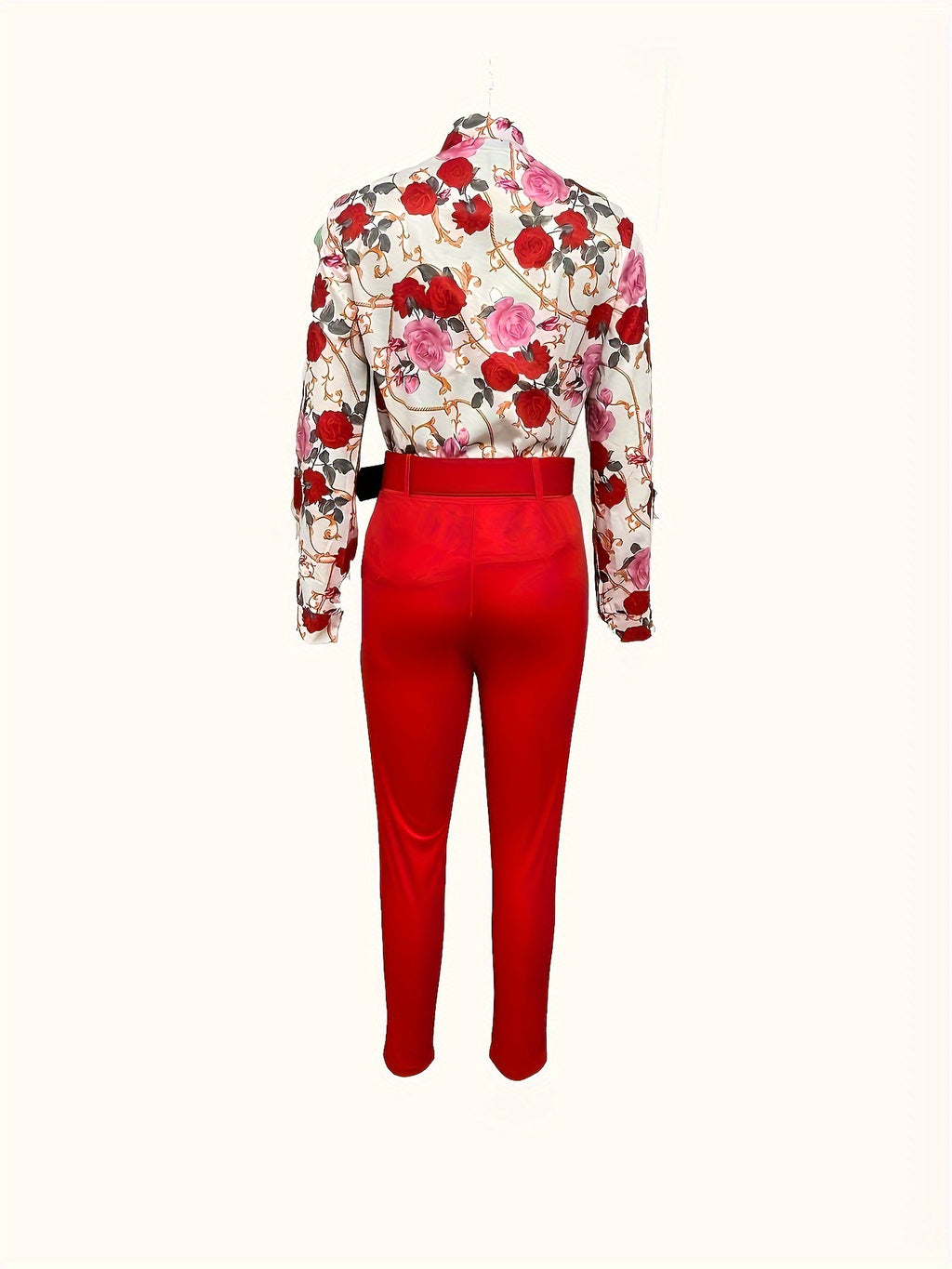 Elegant Two-piece Set, Floral Print V Neck Long Sleeve Blouse & Solid Belted Tapered Pants Outfits, Women's Clothing