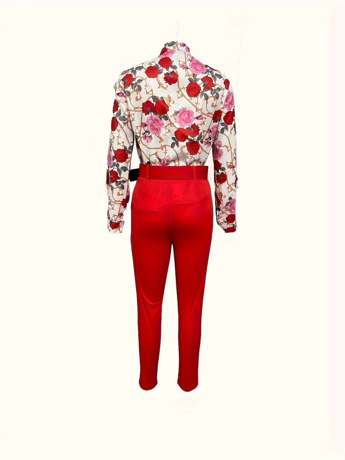 Elegant Two-piece Set, Floral Print V Neck Long Sleeve Blouse & Solid Belted Tapered Pants Outfits, Women's Clothing