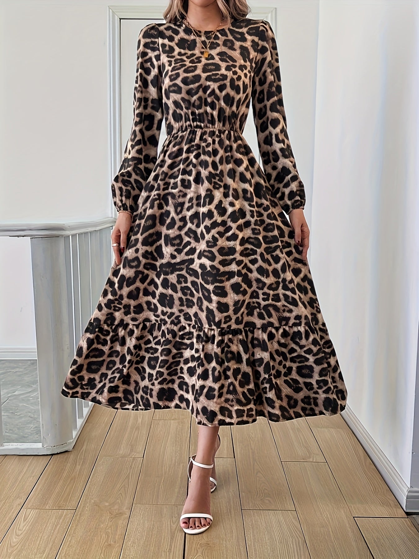 100% Polyester Leopard Print Crew Neck Long Sleeve Midi Dress for Women - A-Line Vacation Style Fall/Winter Dress