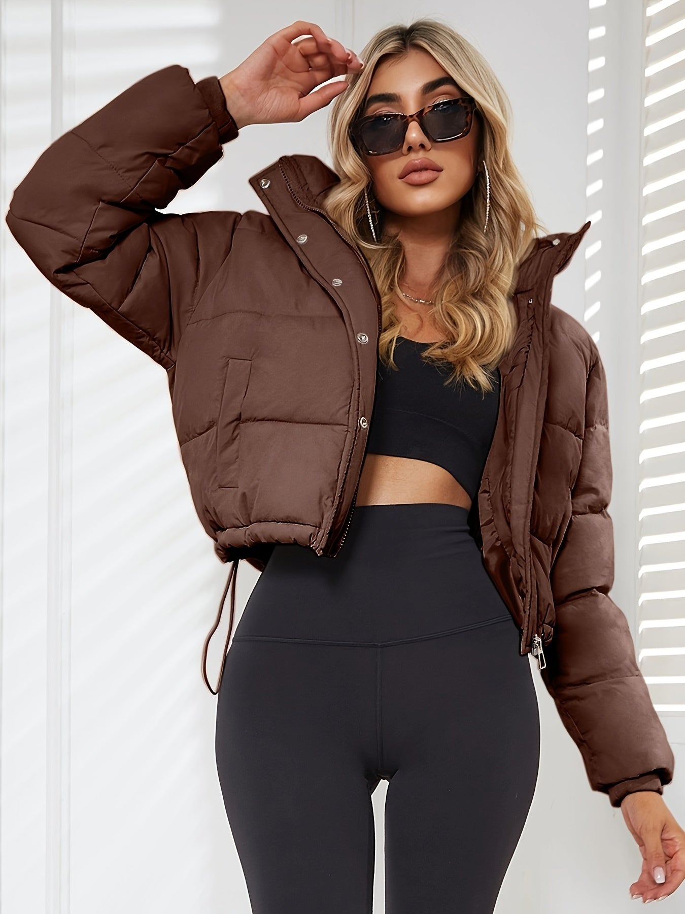 Women's Casual Short Puffer Jacket - Black Solid Hooded Design, Polyester Smooth Fabric, 70g/m² Lining, Long Sleeve with Drawstring | Winter Warmth | Comfortable Fit