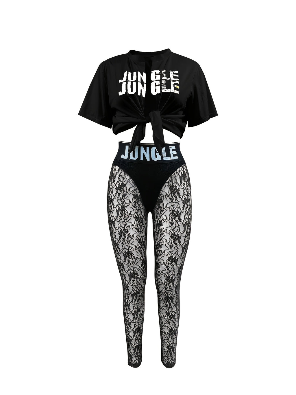 Two-Piece Hourglass Figure Flattering Set - Short Sleeve Crop Top & High Waist Semi-Sheer Lace Pants Outfit with Applique Details, Micro Elasticity, and Positioning Printing - Perfect for Spring/Summer Vacation