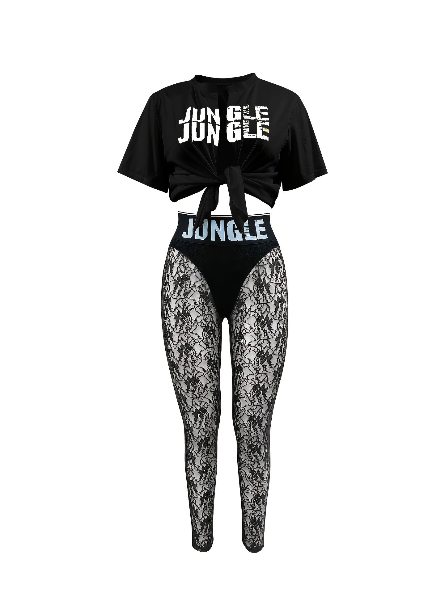 Two-Piece Hourglass Figure Flattering Set - Short Sleeve Crop Top & High Waist Semi-Sheer Lace Pants Outfit with Applique Details, Micro Elasticity, and Positioning Printing - Perfect for Spring/Summer Vacation