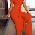 Two-Piece Casual Matching Set - Crew Neck Split T-Shirt & Wide Leg Pants Outfit with Micro Elasticity, Polyester Fabric, Solid Color, and Knit Construction for All Seasons