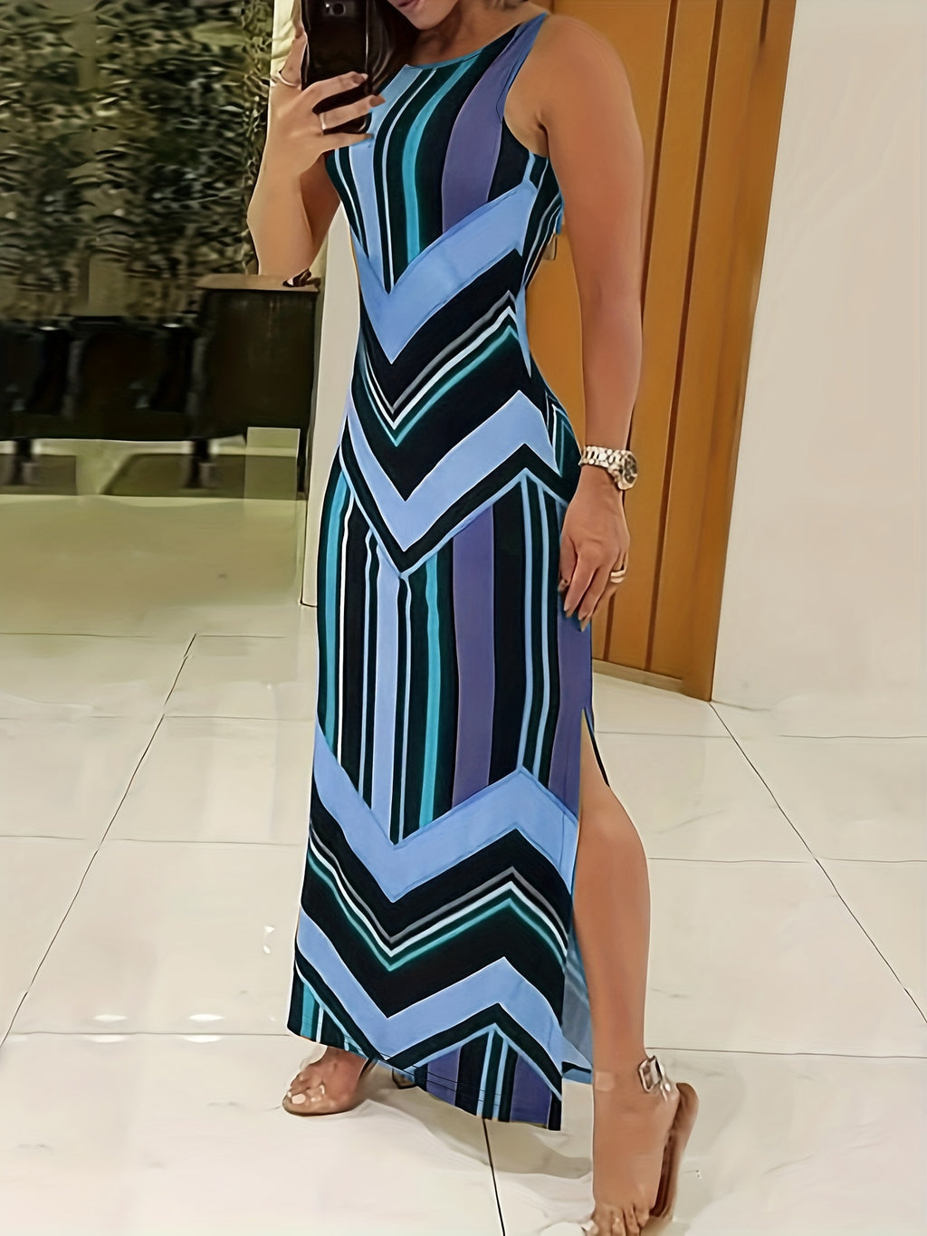 Women's Elegant Sleeveless Maxi Dress, Flattering Fit, Formal & Casual Chic Outfit, All-Season Formal Party Wedding Everyday Dresses for Women, Geometric Pattern, Spring/Fall/Summer, Dresses for Wedding, Spring Fashion, Styli
