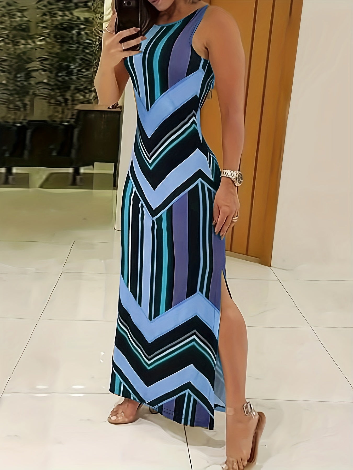 Women's Elegant Sleeveless Maxi Dress, Flattering Fit, Formal & Casual Chic Outfit, All-Season Formal Party Wedding Everyday Dresses for Women, Geometric Pattern, Spring/Fall/Summer, Dresses for Wedding, Spring Fashion, Styli