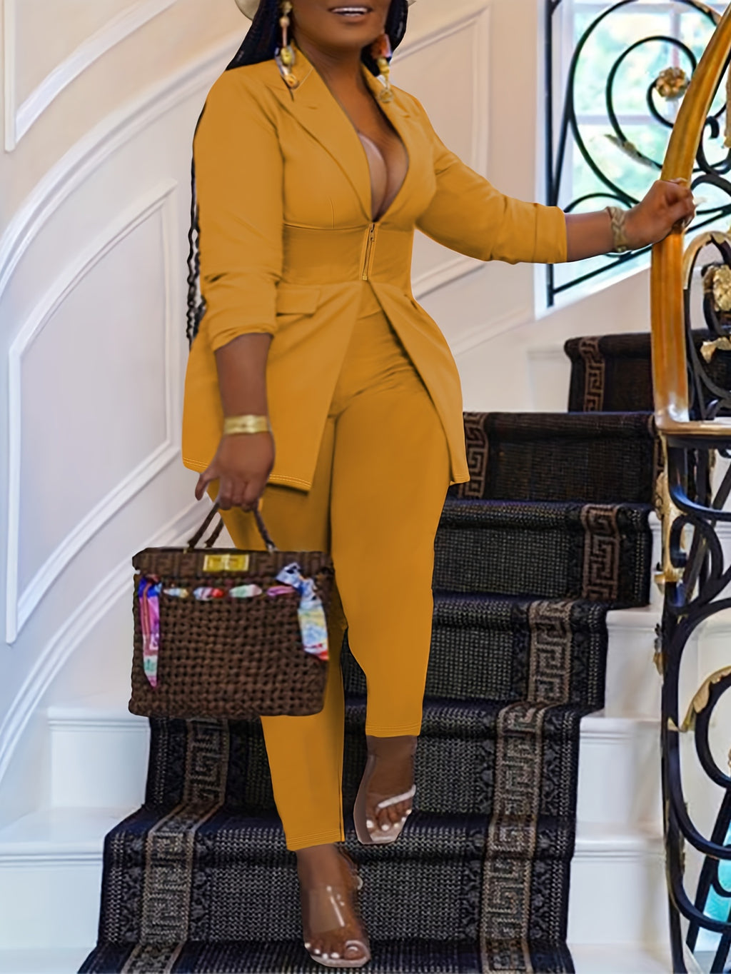 Chic Plus-Size Two-Piece Blazer & Pants Suit – Long Sleeve, Zippered Front, Ideal for Work and Special Occasions