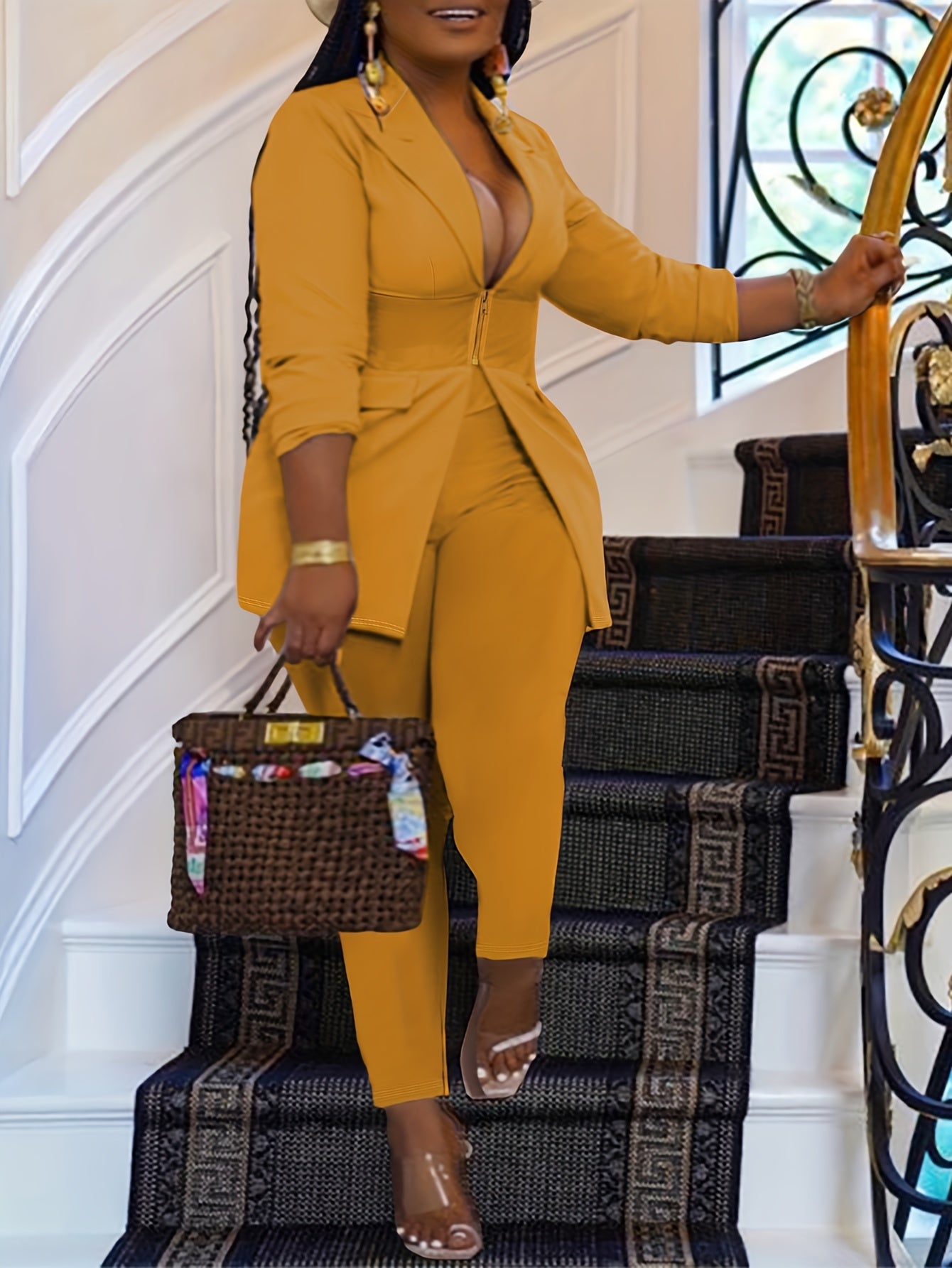 Chic Plus-Size Two-Piece Blazer & Pants Suit – Long Sleeve, Zippered Front, Ideal for Work and Special Occasions