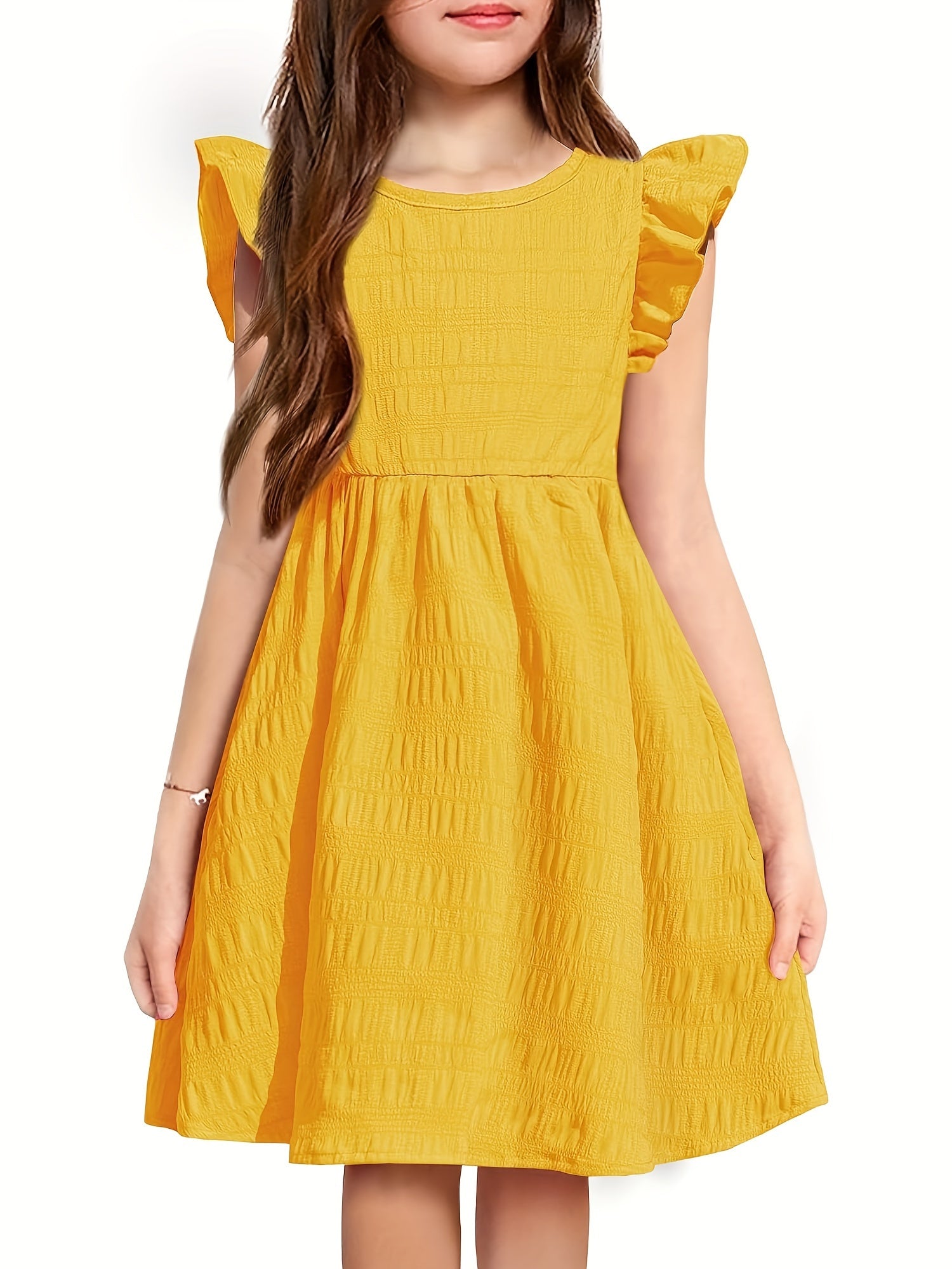 Girls Dress Casual Ruffle Sleeveless A Line Summer Dresses With Pockets 4-12 Years