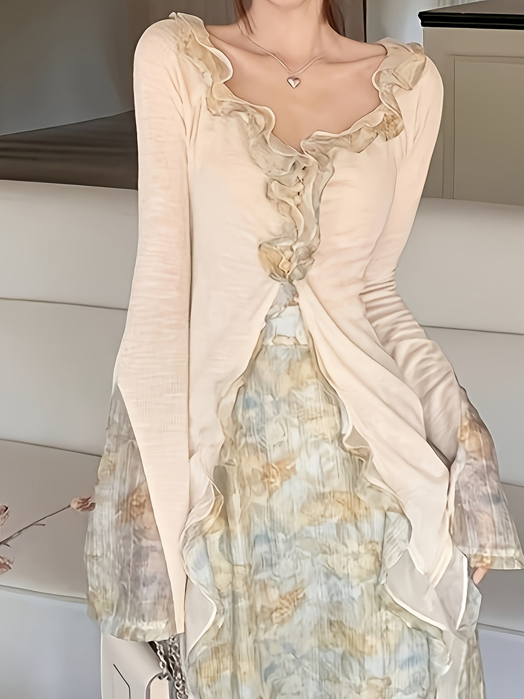 1pc Halter Dress + Cardigan - Women's Large Size Halter Dress Long Skirt Set Premium Sense Spring And Autumn New Chilled Wind Printed Women's Dresses, Ruffles Splicing Lace Sleeve Design, Super Suitable for Party Use, Gift fo