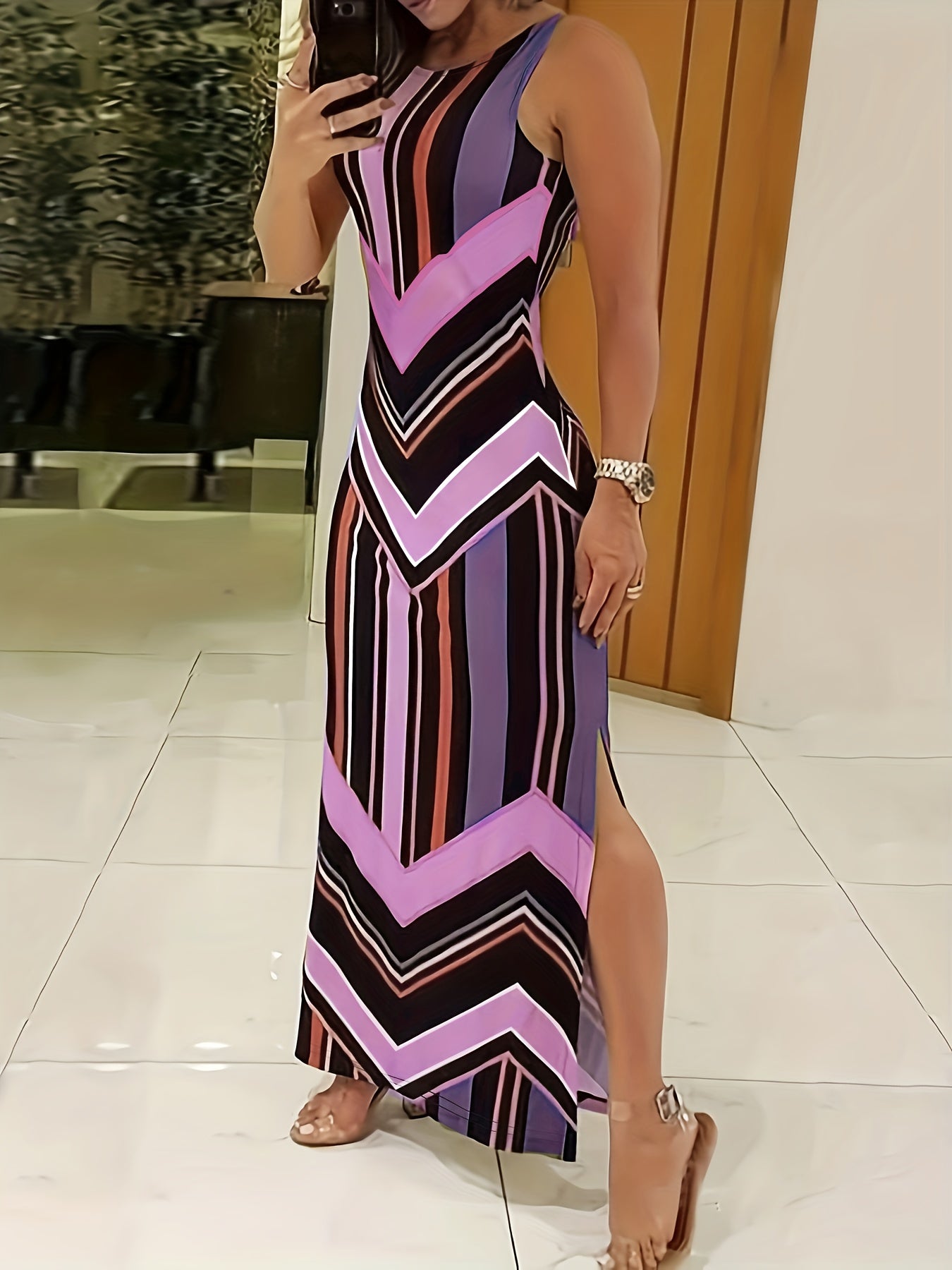 Women's Elegant Sleeveless Maxi Dress, Flattering Fit, Formal & Casual Chic Outfit, All-Season Formal Party Wedding Everyday Dresses for Women, Geometric Pattern, Spring/Fall/Summer, Dresses for Wedding, Spring Fashion, Styli