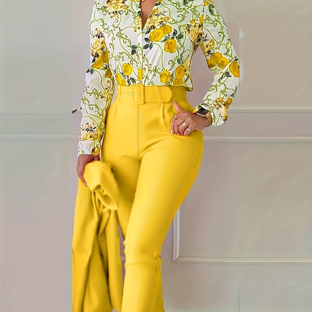 Elegant Two-piece Set, Floral Print V Neck Long Sleeve Blouse & Solid Belted Tapered Pants Outfits, Women's Clothing