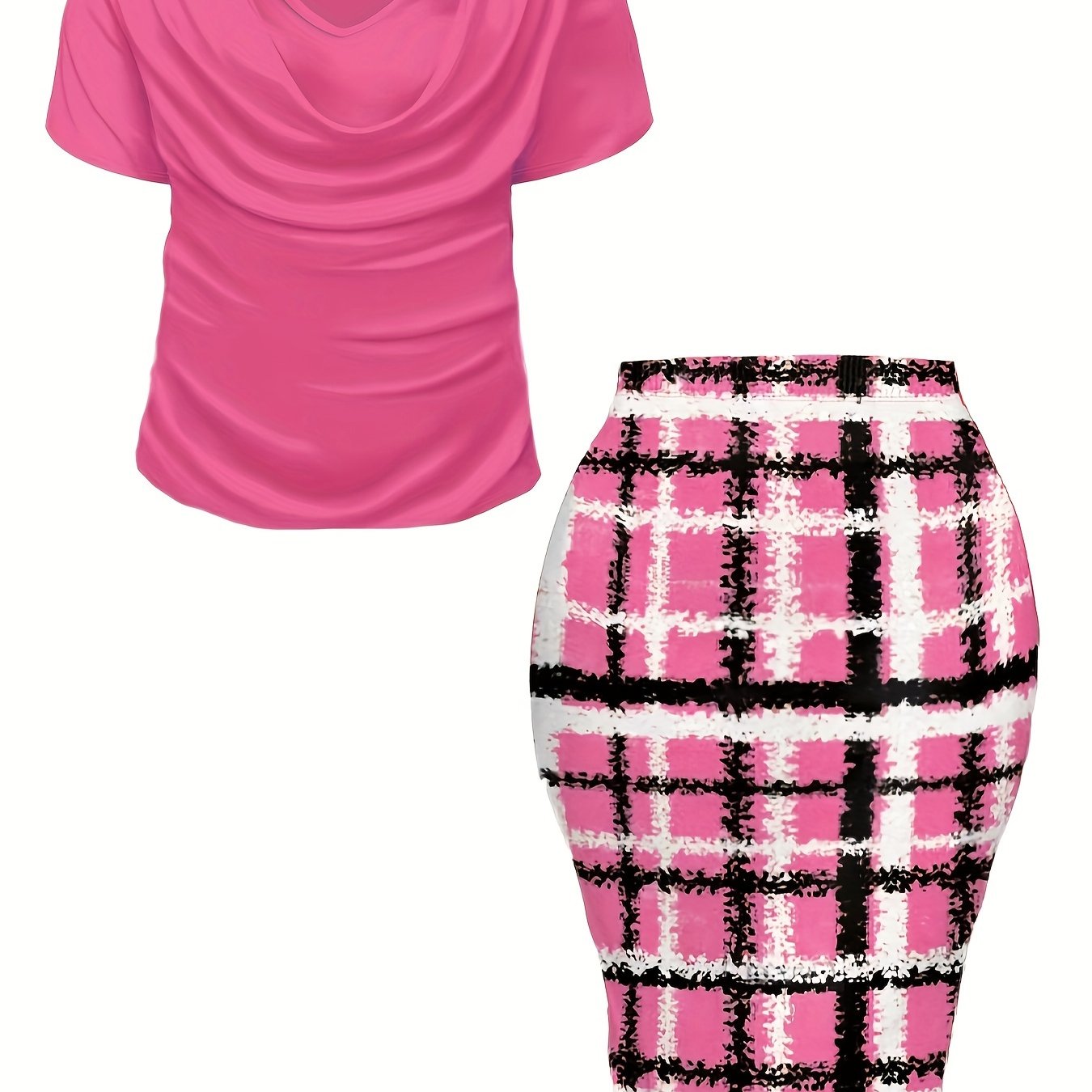 Women's Plus Size Plaid Print Two-piece Set, Cowl Neck Short Sleeve Top & Skirt Outfits -  For Women Size 14-24 - Casual & Stylish - Perfect for Fall/Winter - Great Gift for Fashionable Women