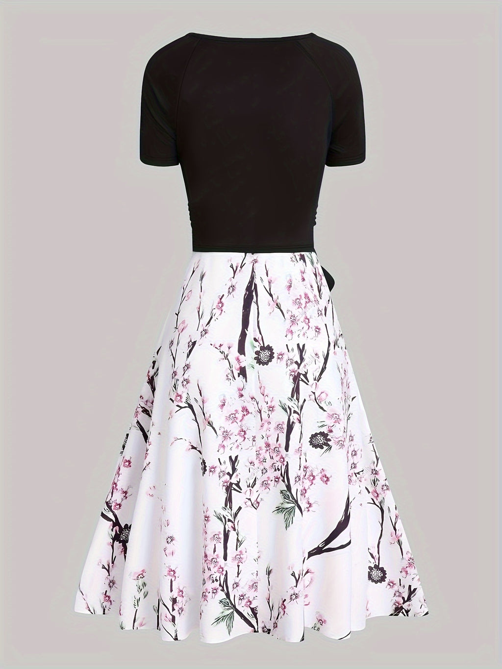 Two-Piece Elegance Set - Short Sleeve Surplice Neck Belted Top & Floral Print Flared Skirt Outfit with Comfortable Fabric, Adjustable Waist, and Chic Design - Women's Clothing for Formal Occasions