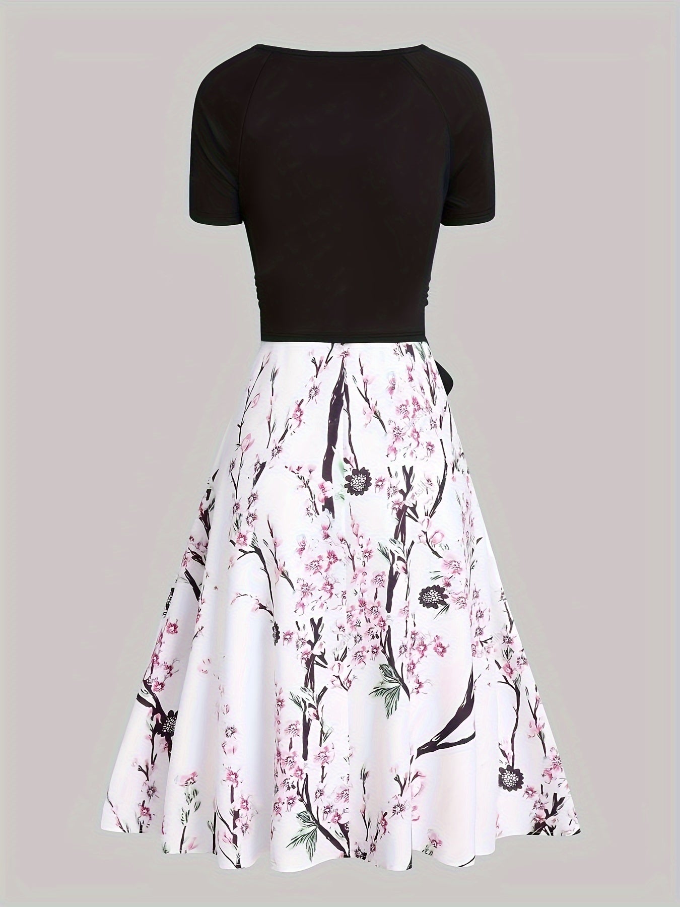 Two-Piece Elegance Set - Short Sleeve Surplice Neck Belted Top & Floral Print Flared Skirt Outfit with Comfortable Fabric, Adjustable Waist, and Chic Design - Women's Clothing for Formal Occasions