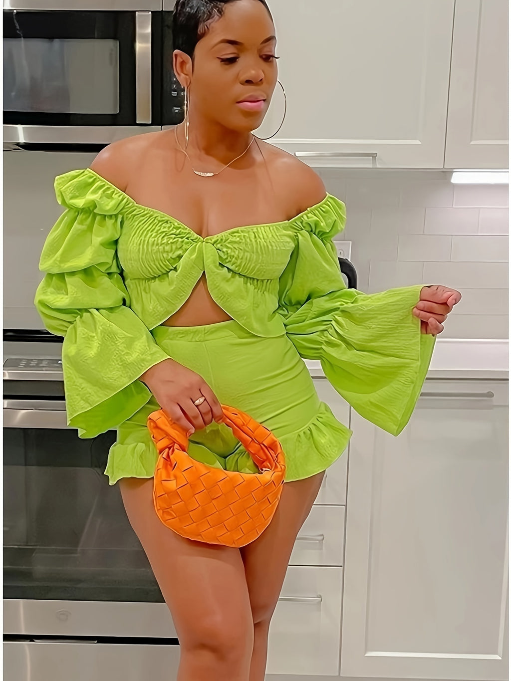 2 Piece Vacation Outfits For Women Summer Sexy Y2k Ruffle Lantern Long Sleeve Crop Top High Low Shorts Set Romper