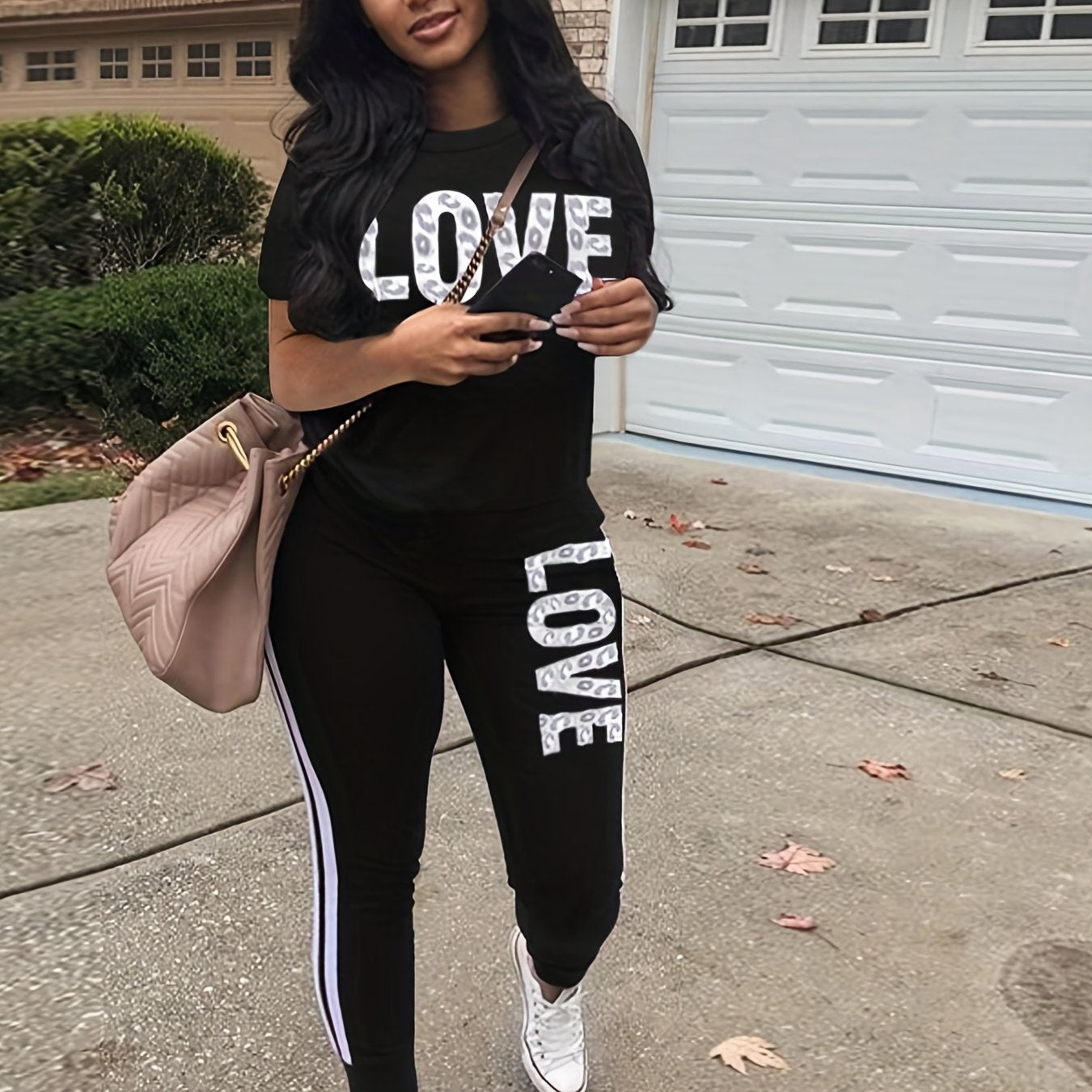 Casual Letter Print Two-piece Set, Short Sleeve T-shirt & Side Striped Pants Outfits - Women's Clothing -  Stylish & Comfortable - For Casual Wear - Perfect Gift for Fashionable Women