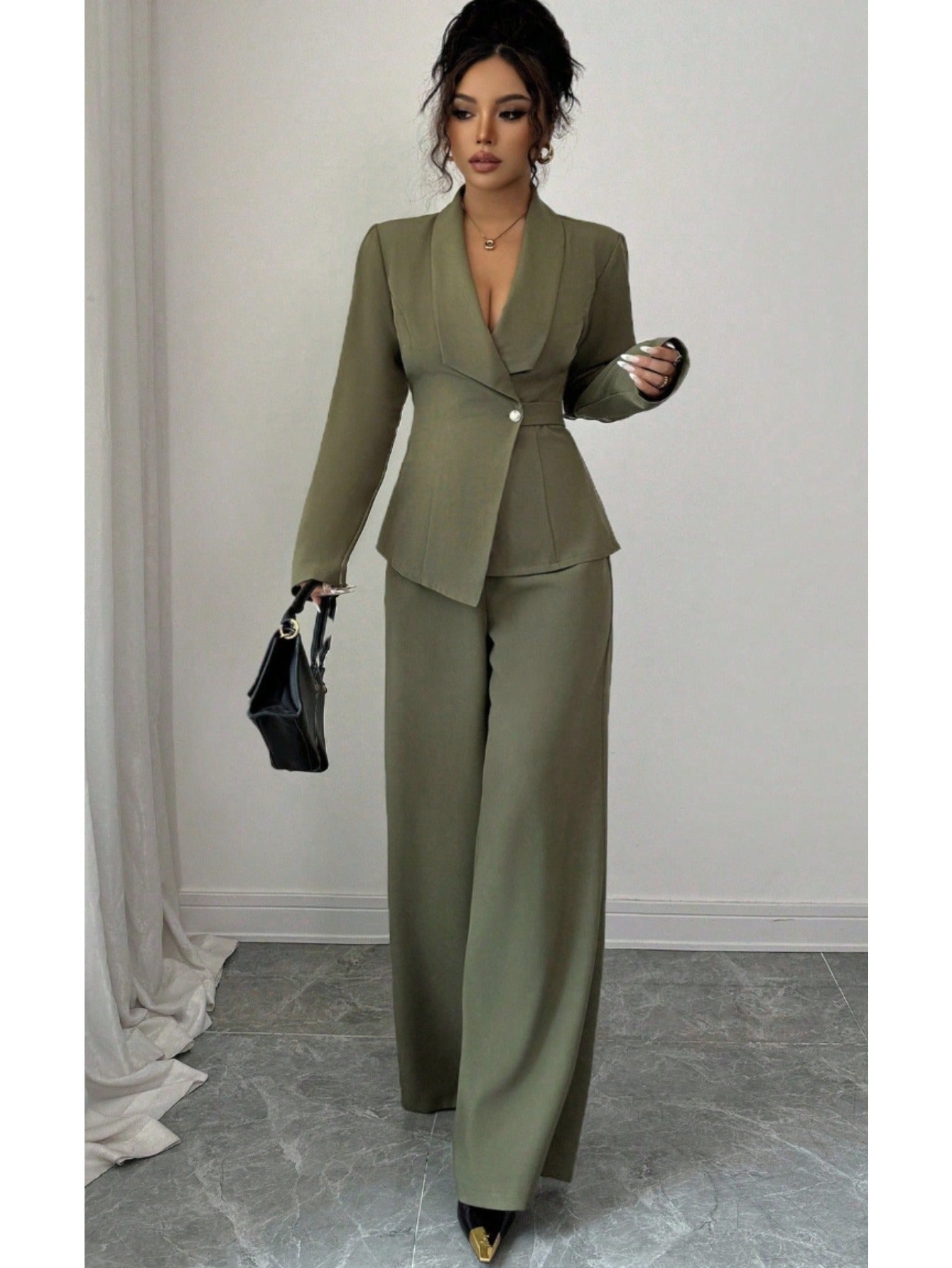 2pcs/ set Elegant Waist-Defined Suit Set for Women | Olive Green Asymmetric Blazer + Wide-Leg Trousers Two-Piece, Perfect for Spring/ Fall Office and Sophisticated Social Occasions, Suits For Women Elegant Classy, Trouser Sui