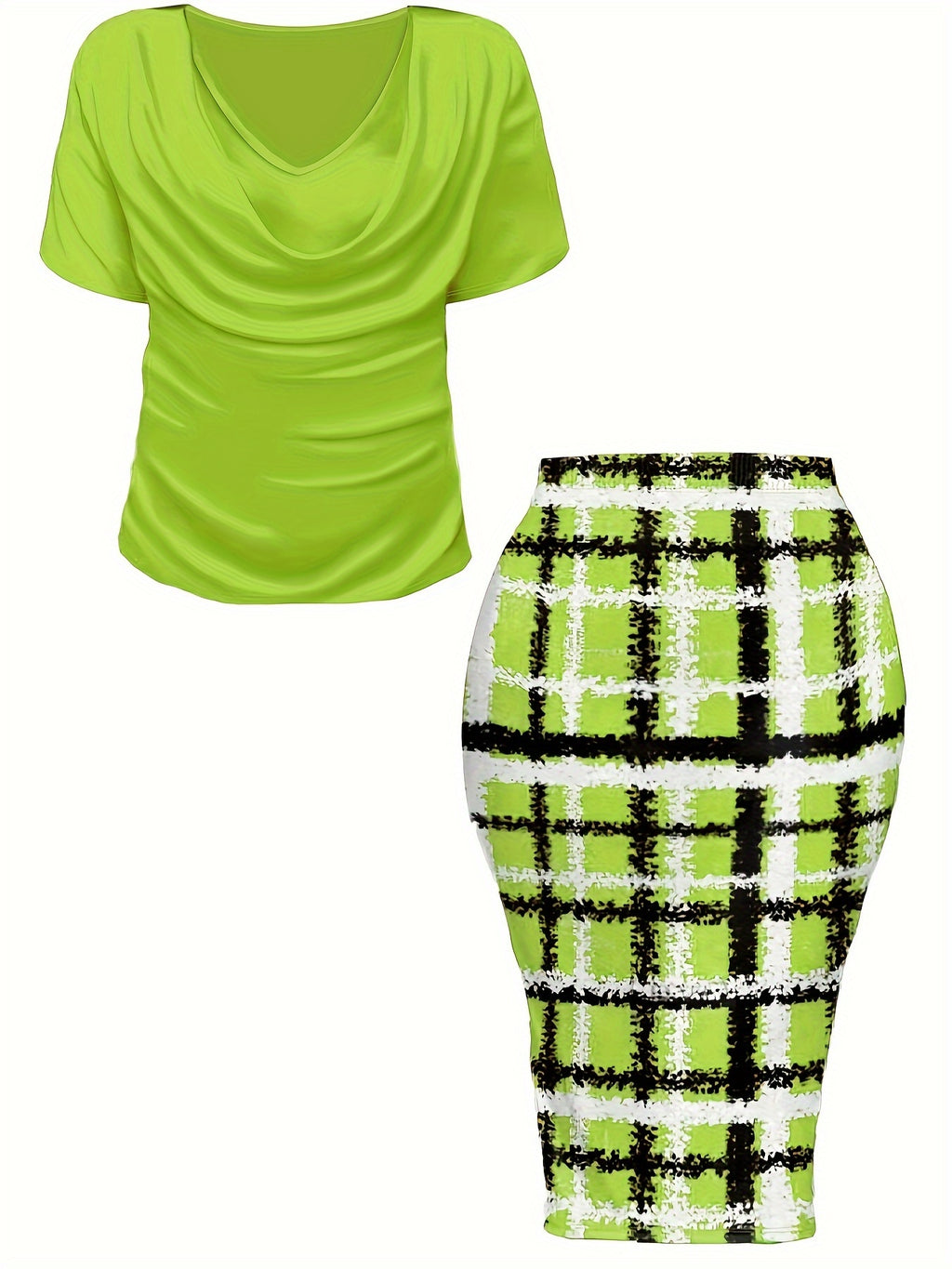 Women's Plus Size Plaid Print Two-piece Set, Cowl Neck Short Sleeve Top & Skirt Outfits -  For Women Size 14-24 - Casual & Stylish - Perfect for Fall/Winter - Great Gift for Fashionable Women