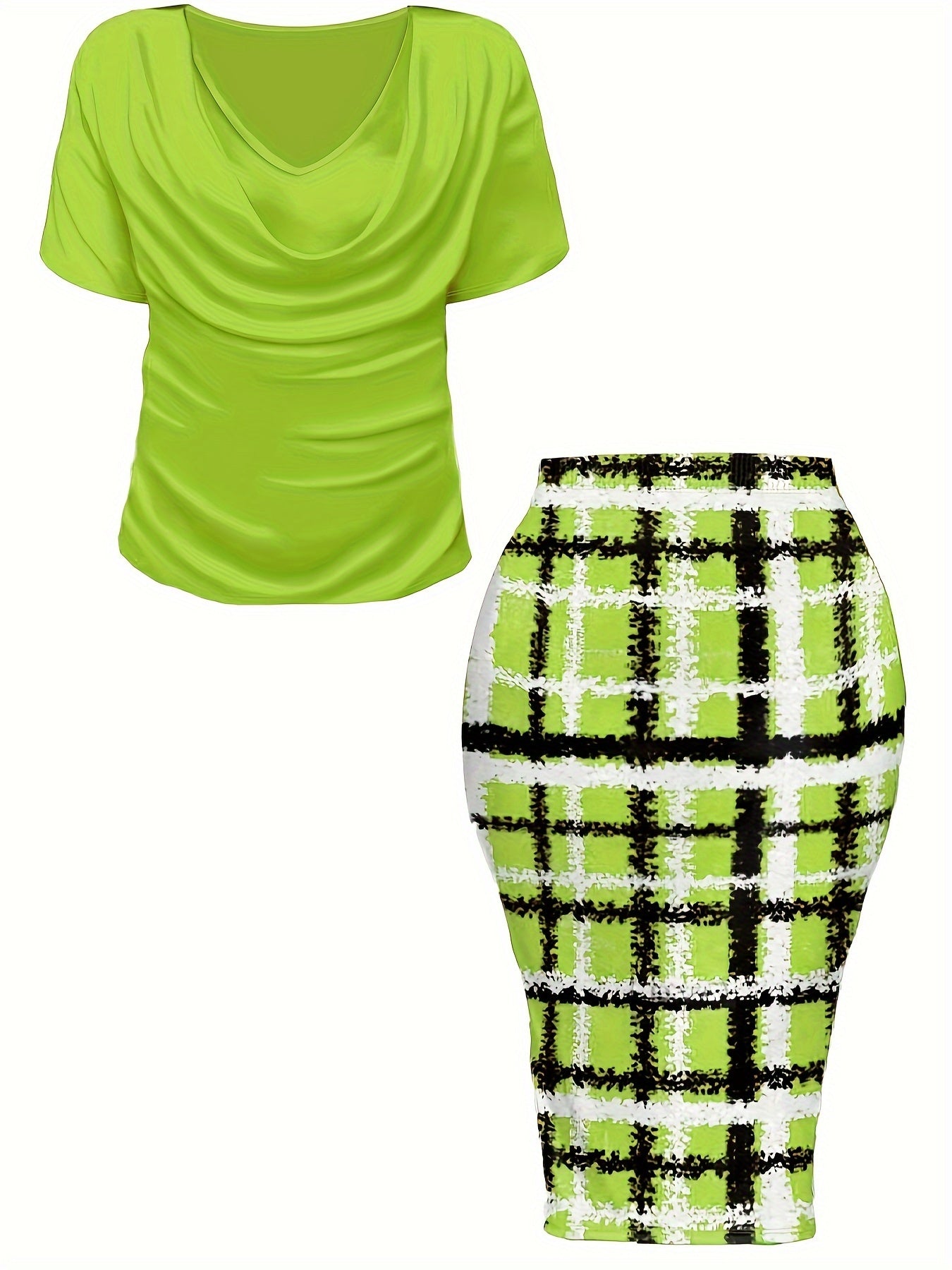 Women's Plus Size Plaid Print Two-piece Set, Cowl Neck Short Sleeve Top & Skirt Outfits -  For Women Size 14-24 - Casual & Stylish - Perfect for Fall/Winter - Great Gift for Fashionable Women