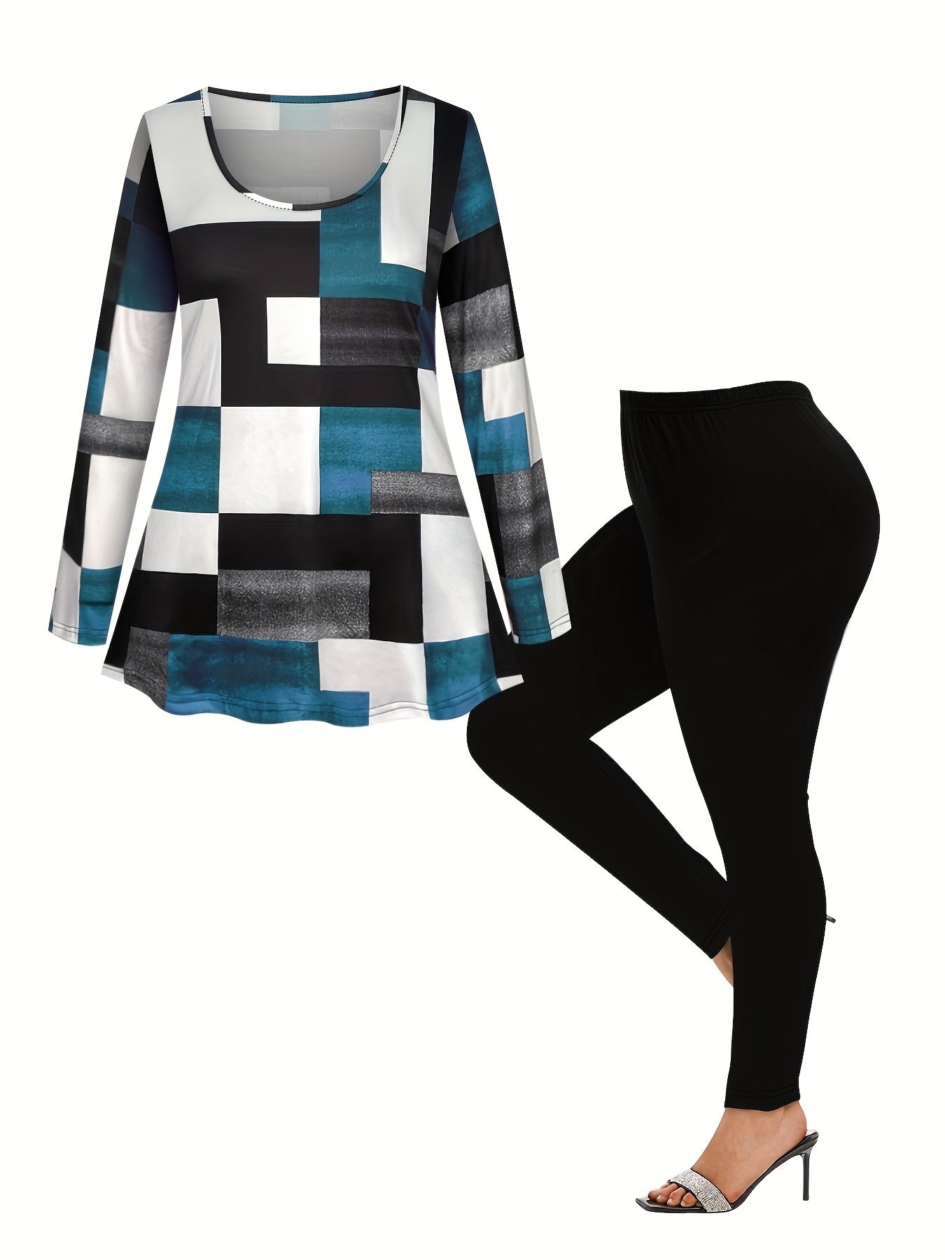 Women's Plus Size Plaid Print Two-Piece Set - Red Black White Gray Brown Geometric Tartan Pattern Crew Neck Long Sleeve Top & Wide-Leg Trousers, All-Season Casual to Formal Outfits, Versatile Everyday & Special Occasion Outfi