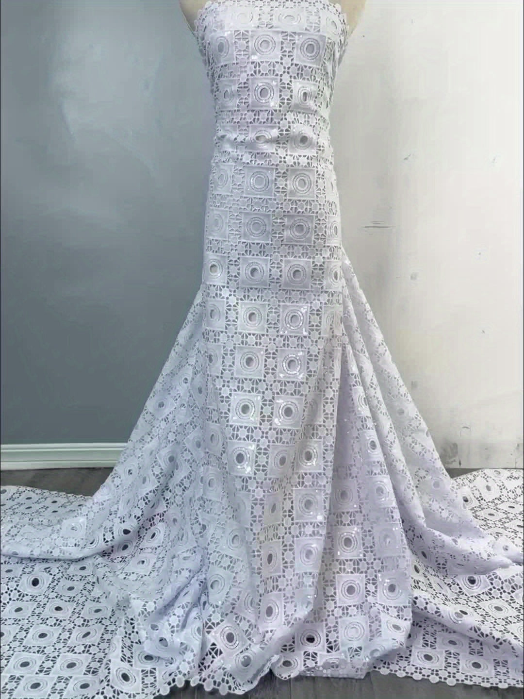 1pc 5 Yards White Guipure Cord Lace Fabric with Sequins - 100% Polyester French Water Soluble Lace, Floral Pattern Precut Fabric for Elegant Women's Dresses, Hand Wash Only, Wedding Attire | Sophisticated Style | Texture
