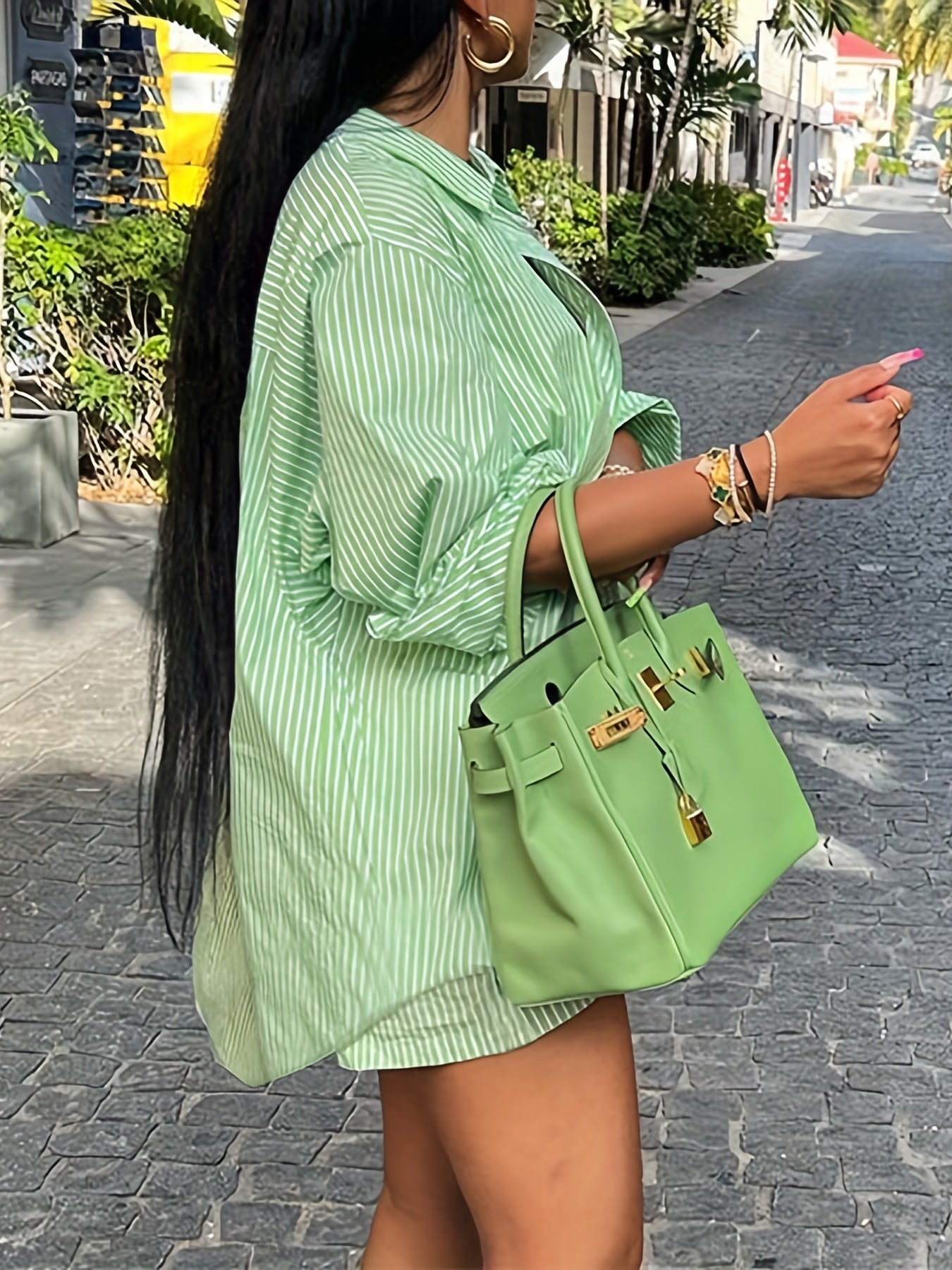 Striped Matching Two-piece Set, Casual Long Sleeve Shirt & Drawstring Shorts Outfits, Women's Clothing